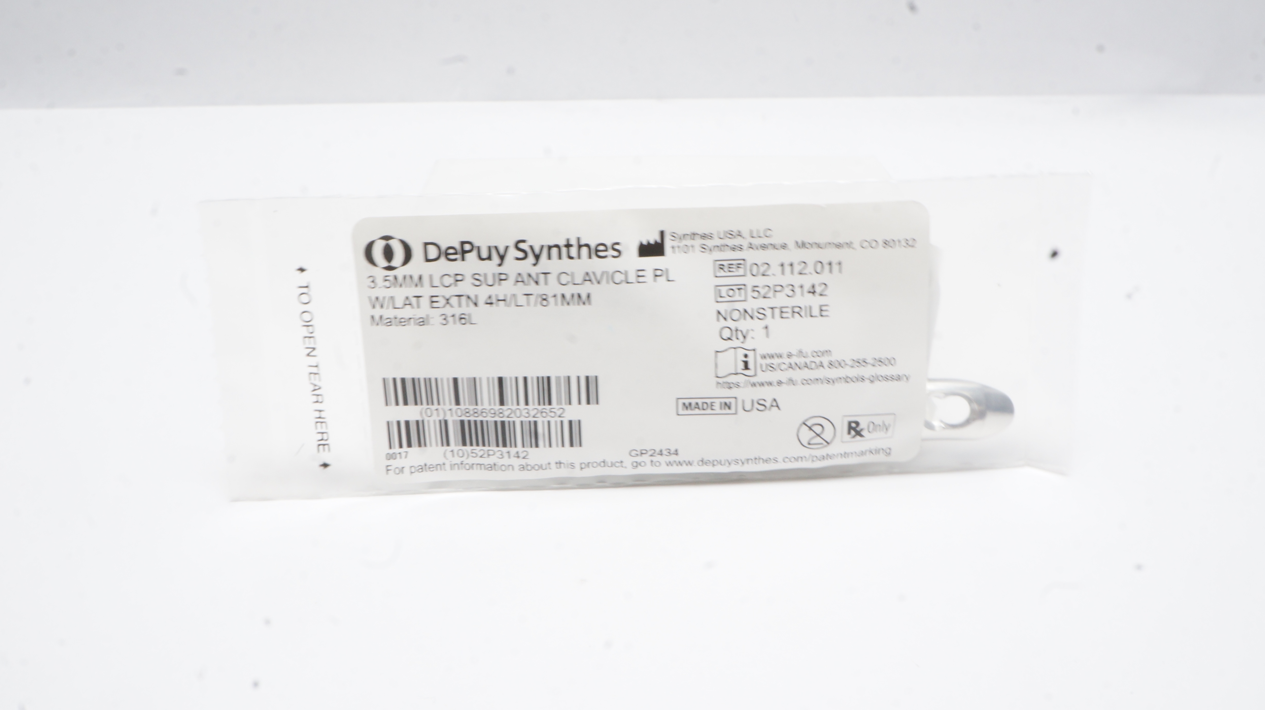 Synthes 02.112.011 3.5mm LCP SUP ANT Clavicle Plate w/Lat Extn 4H/LT/81mm