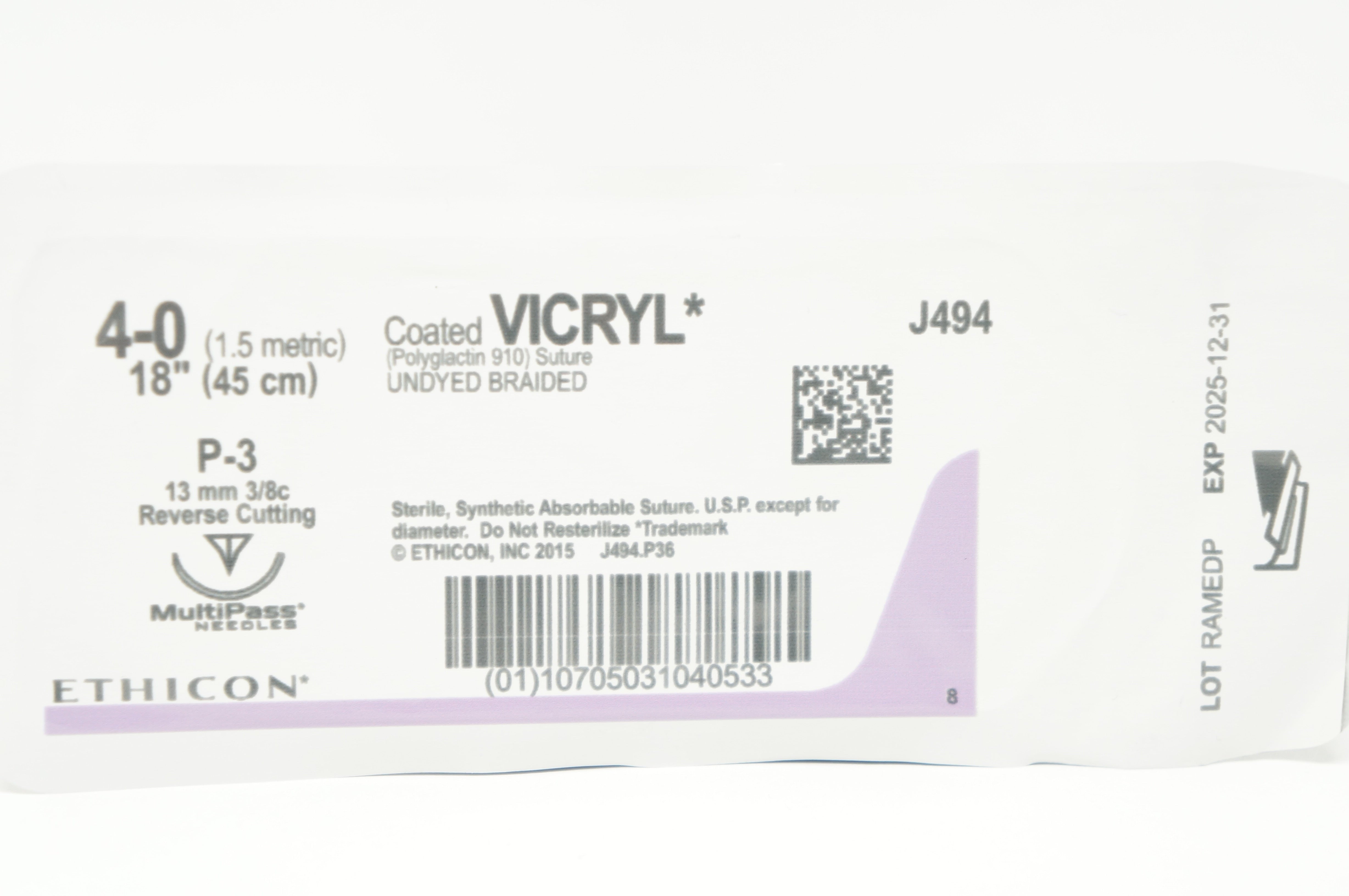 Ethicon J494G 4-0 VICRYL Stre P-3 13mm 3/8c Reverse Cutting 18inch