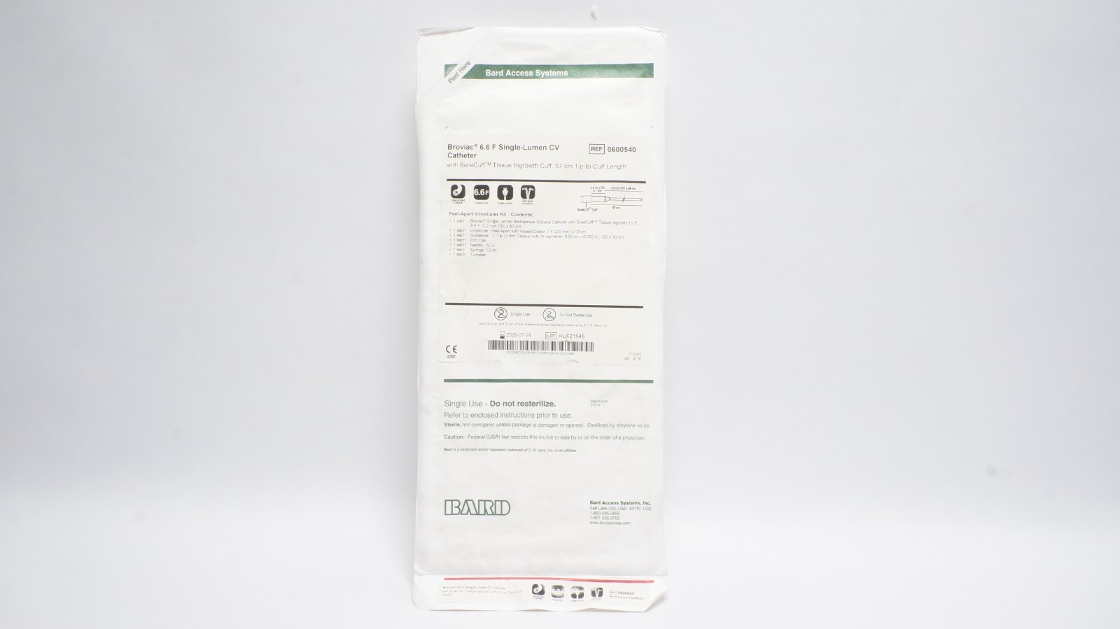 Bard 0600540 Broviac 6.6 F Single-Lumen CV Catheter 57 cm