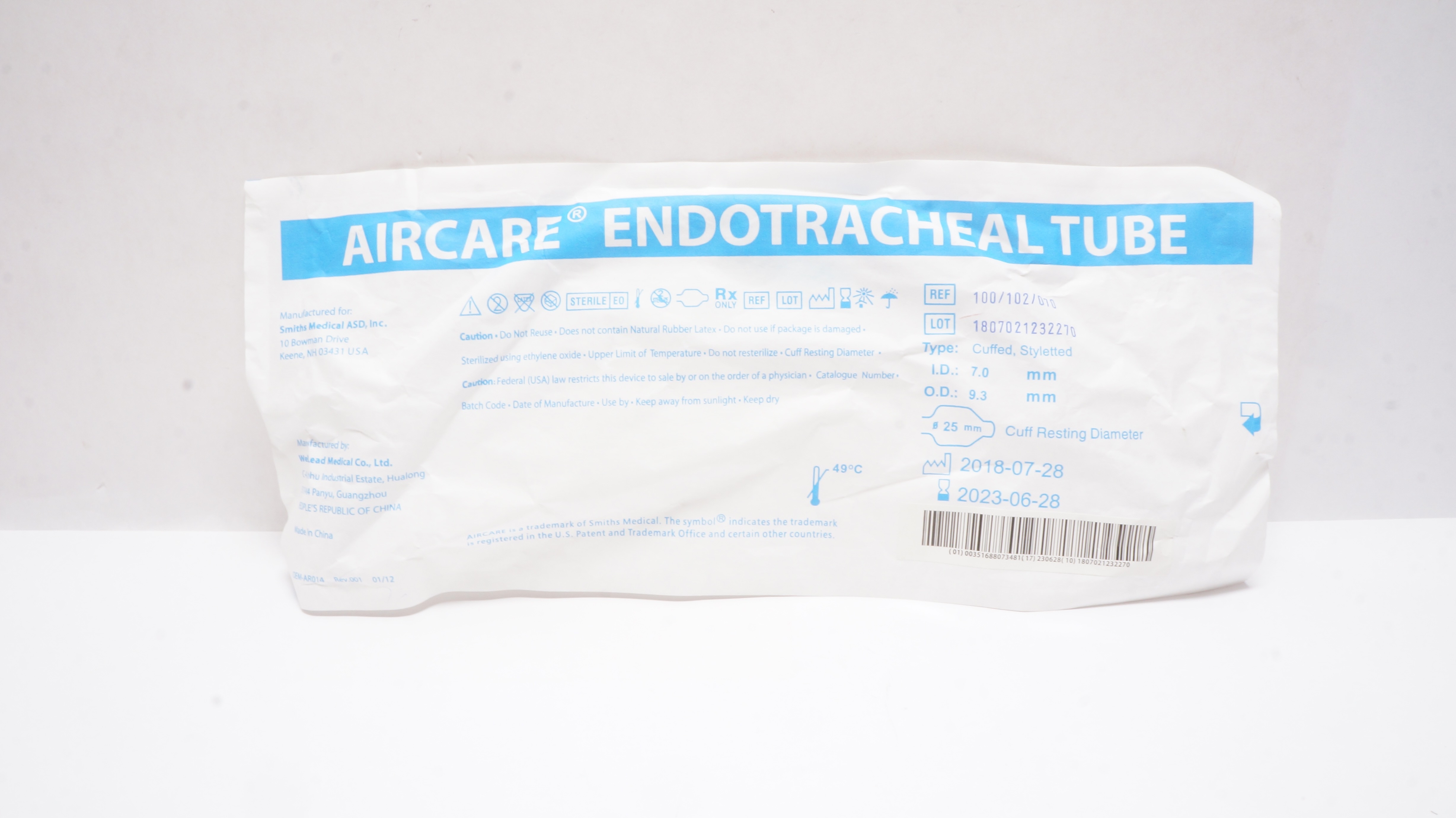 Smiths Medical 100/102/010 AirCare Endotracheal Tube 7.0mm ID x 9.3mm OD (x)