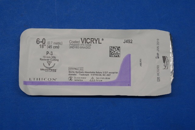 Ethicon J492 6-0 VICRYL, P-3 13mm 3/8c Reverse Cutting, Undyed Braided, 18