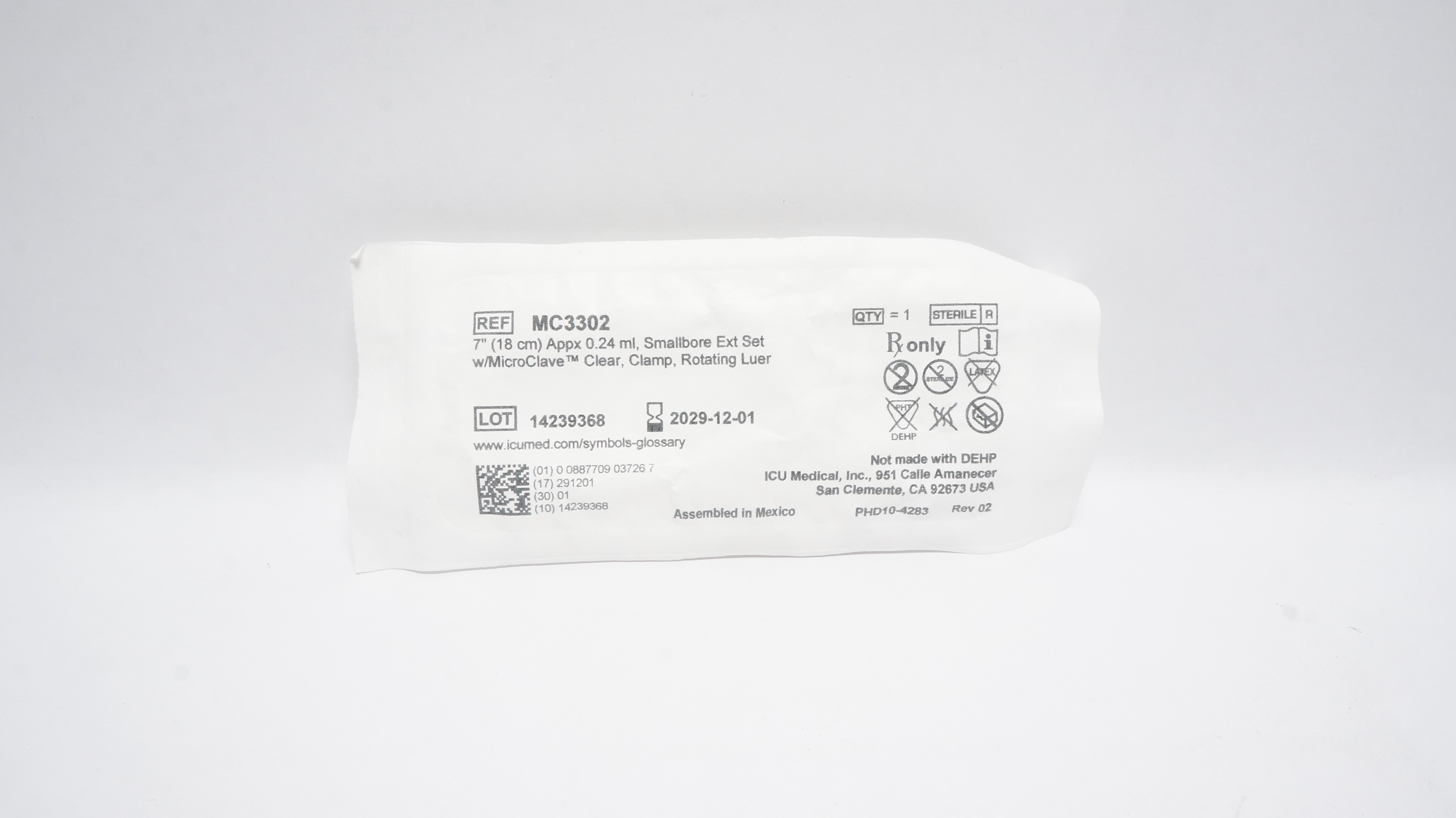 Icu Medical MC3302 7inch Smallbore Ext Set w/MicroClave Clear,  Rotating Luer