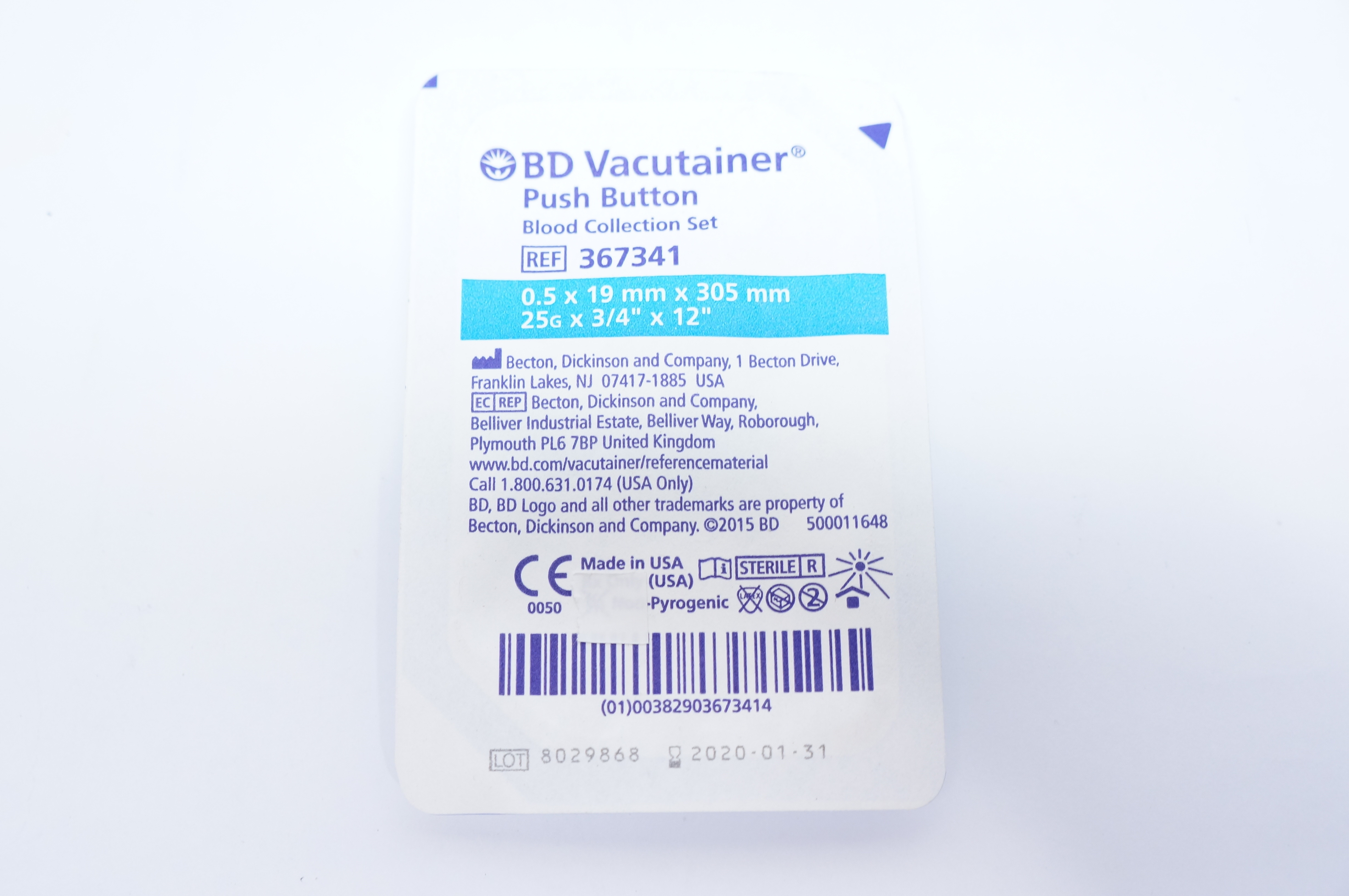BD 367341 Vacutainer Push Button Blood Collection Set 0.5 x 19mm x 305mm (x)