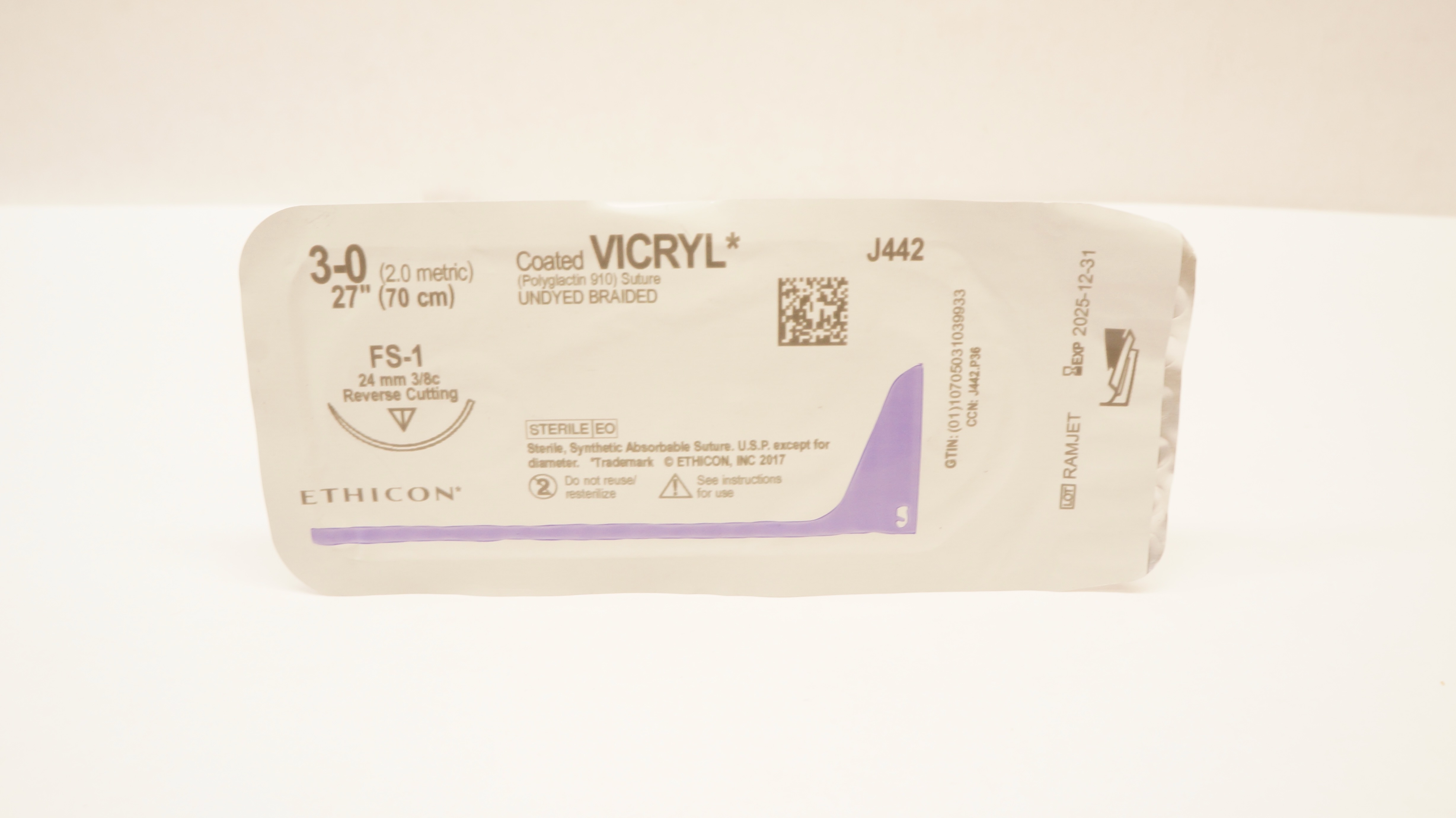 Ethicon J442 3-0 Coated VICRYL Stre FS-1, 24mm 3/8c Reverse Cutting, 27inch