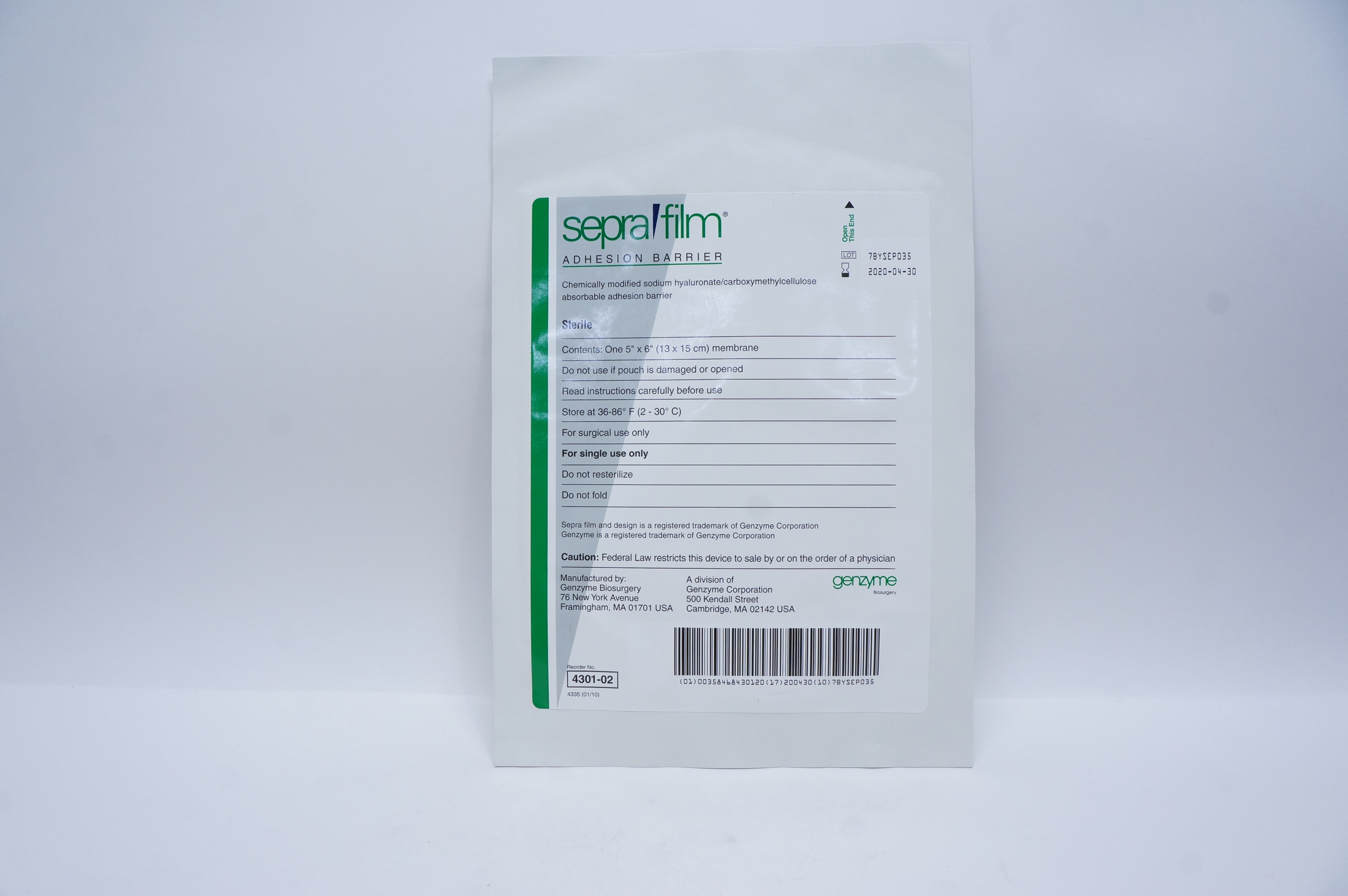 Genzyme 4301-02 Sepra Firm Adhesion Barrier 5inch x 6inch (x)