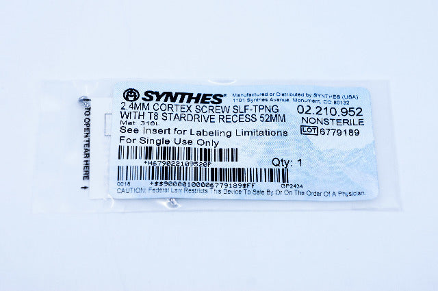 Synthes 02.210.952 2.4mm Cortex Screw Self-Tapping With T8 Stardrive Recess 52mm