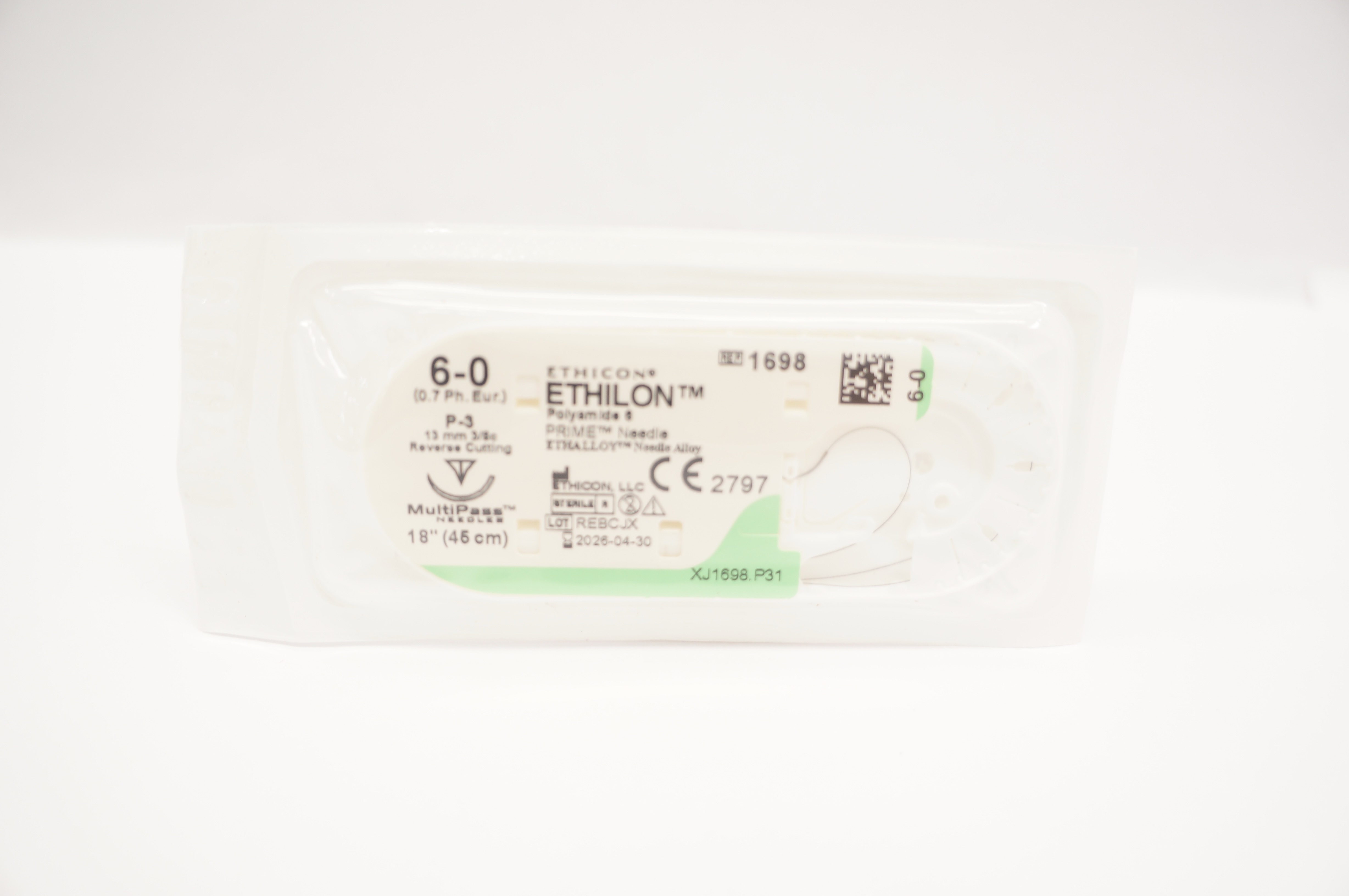 Ethicon 1698 6-0 Ethilon Polyamide 6 Stre P-3 13mm 3/8c Reverse Cutting, 18inch