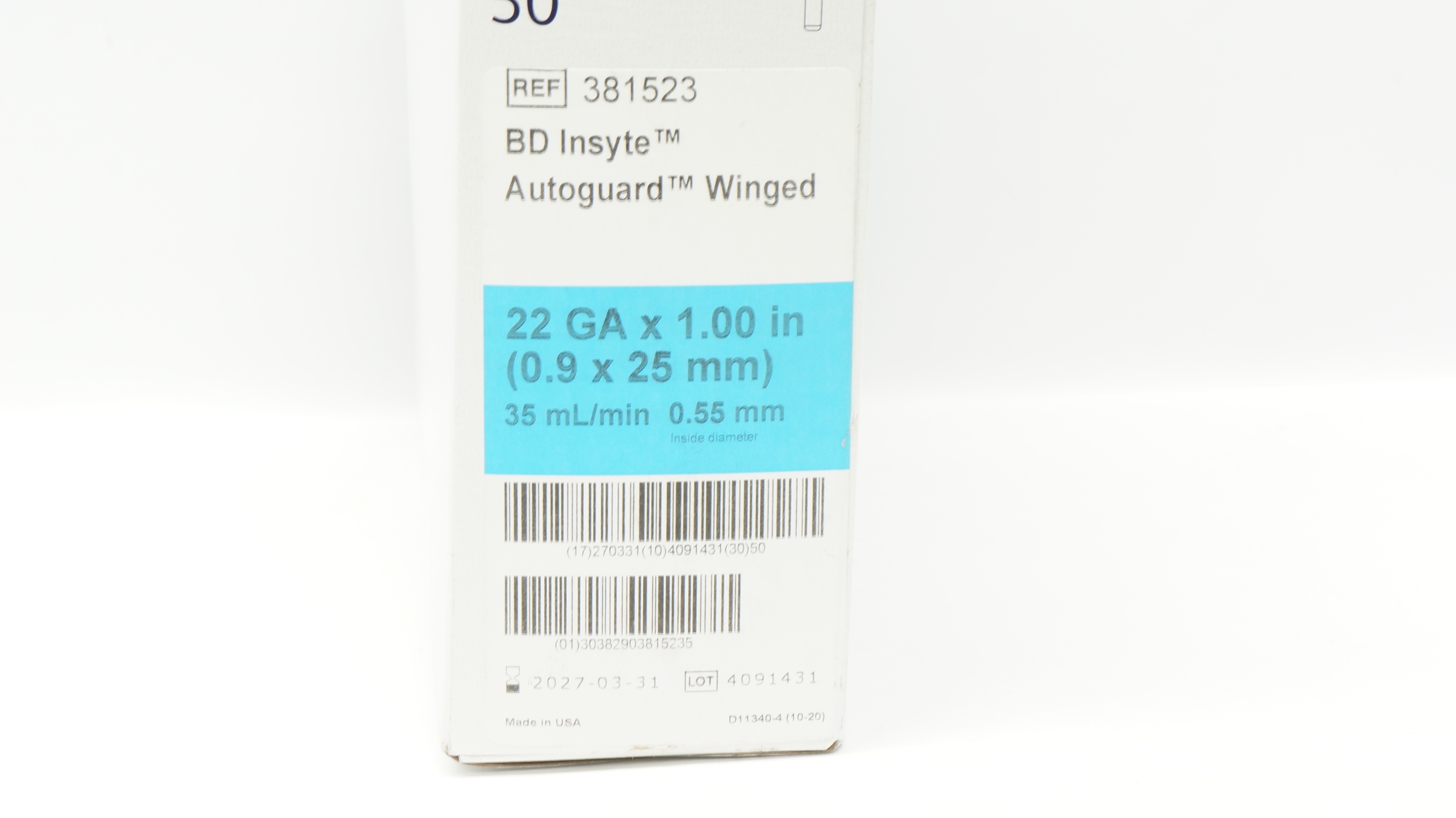 BD 381523 Insyte Autoguard Winged IV Cath. 22Ga x 1.00inch 35mL/min - Box of 50