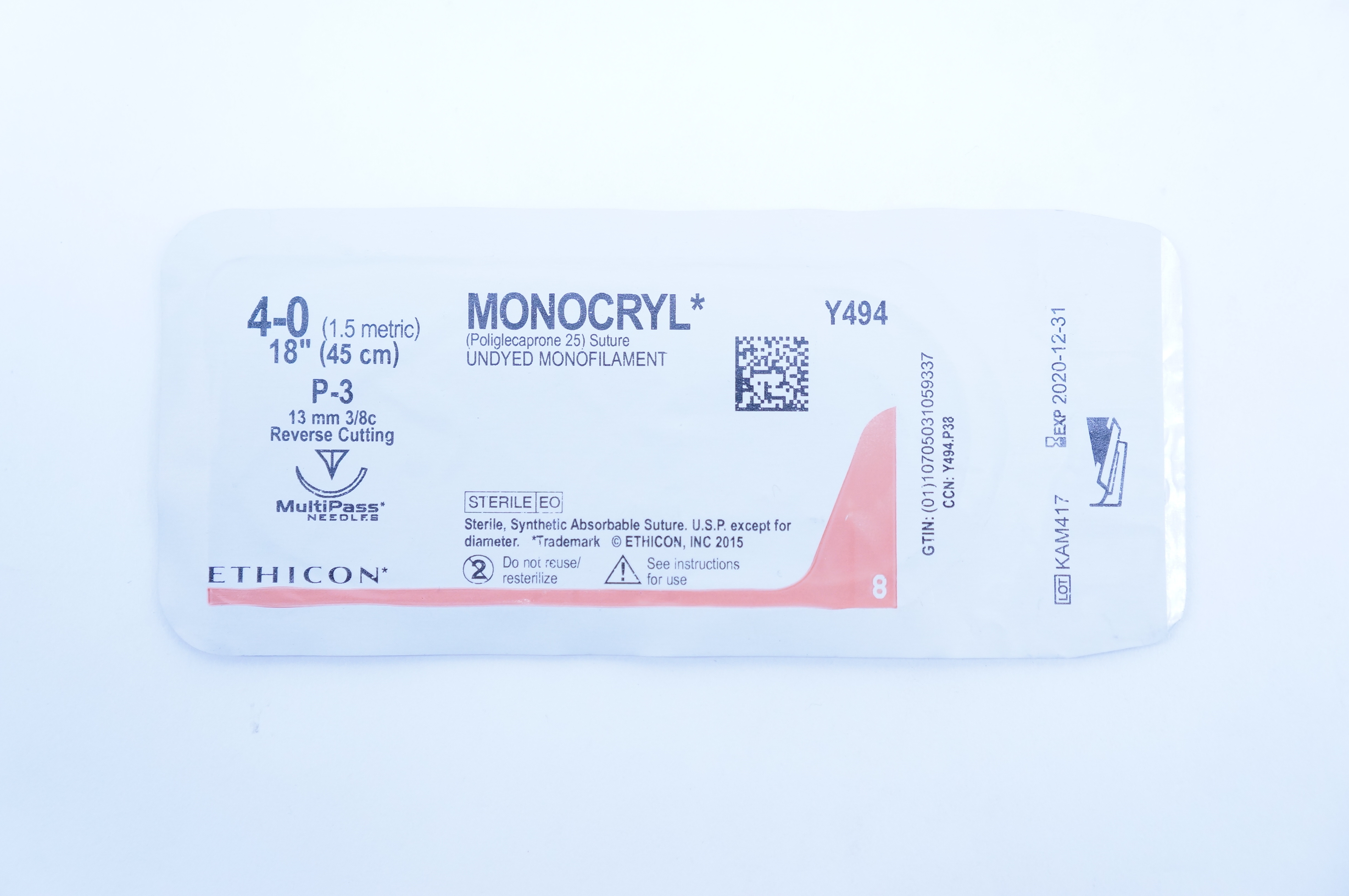 Ethicon Y494 4-0 MONOCRYL, P-3, 13mm 3/8c Reverse Cutting, 18inch