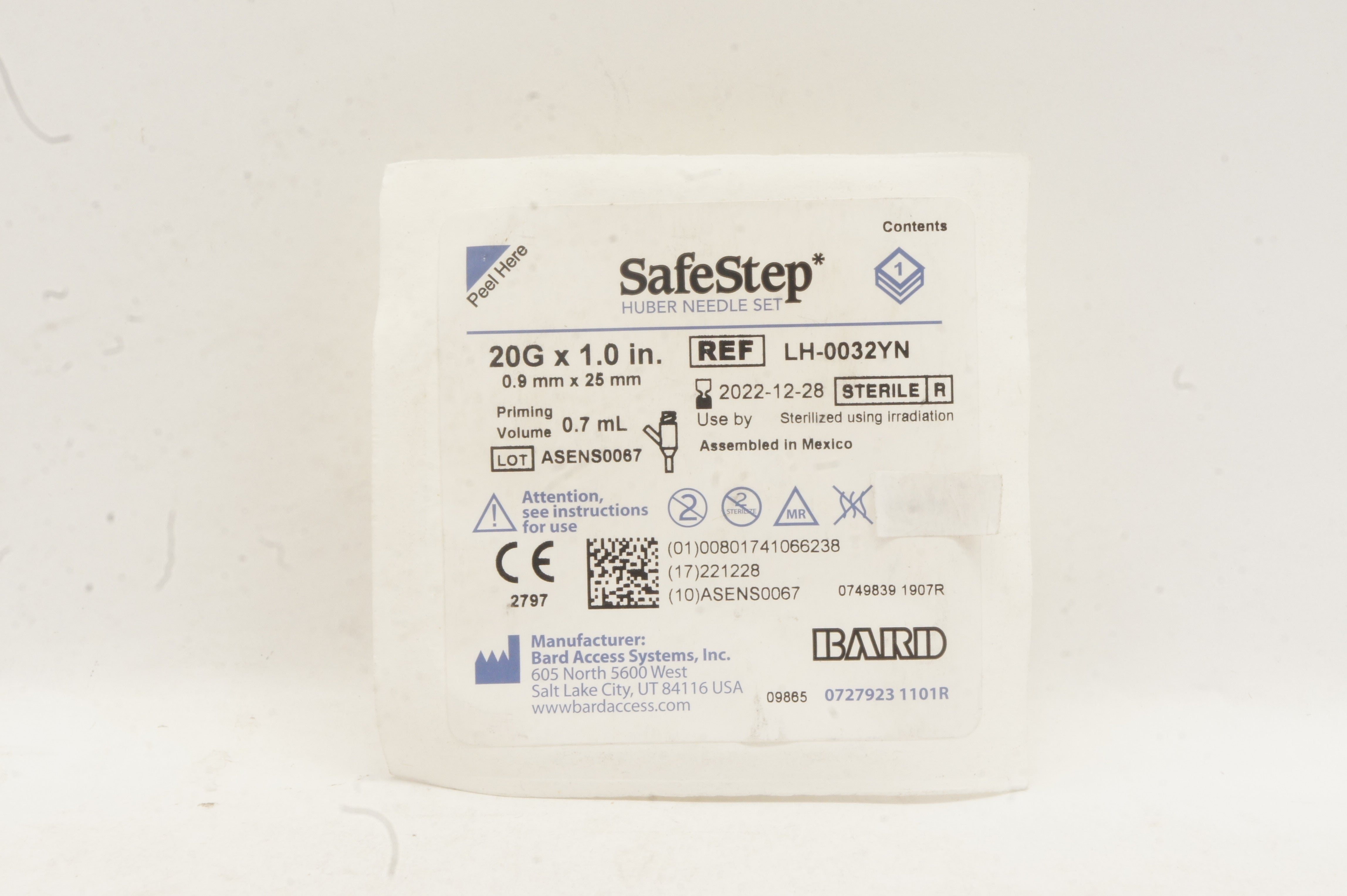 Bard LH-0032YN SafeStep Huber Ndle Set 20G x 1.0 inch Priming Volume 0.7 mL (x)