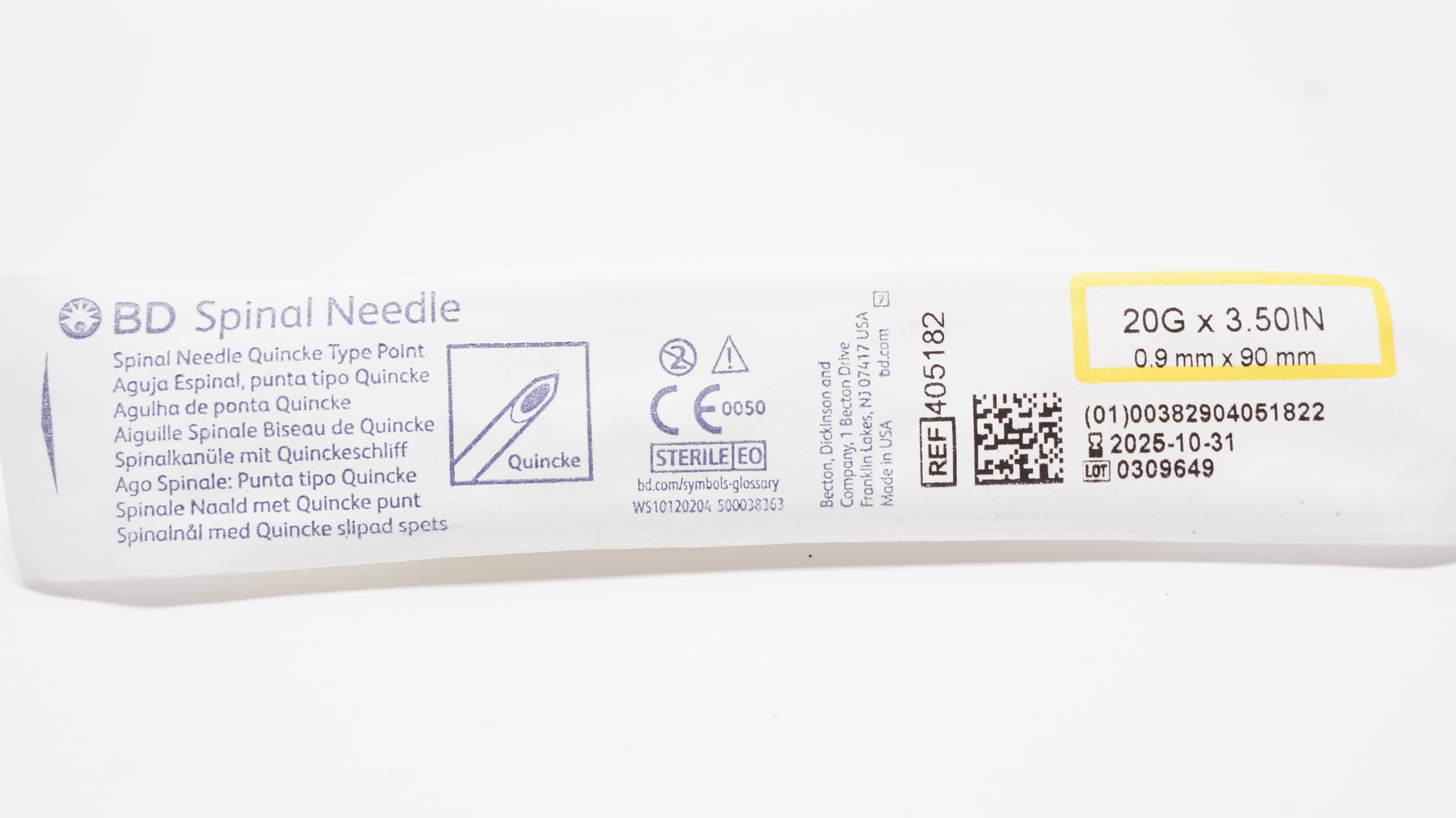 BD 405182 Spinal Ndle Quincke Type Point 20G x 3.5inch