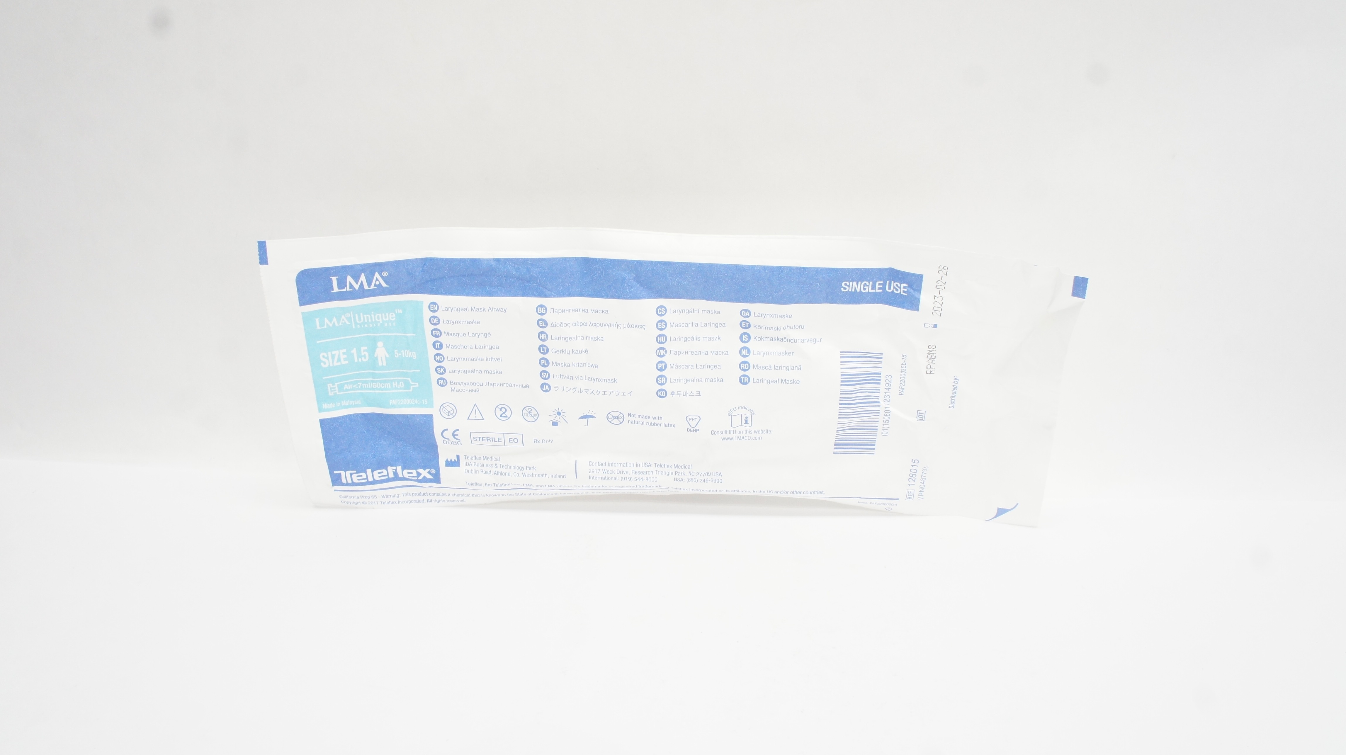 Teleflex 128015 LMA Laryngeal Mask Airway Size 1.5, 5-10kg Air<7ml/60cm H2O (x)