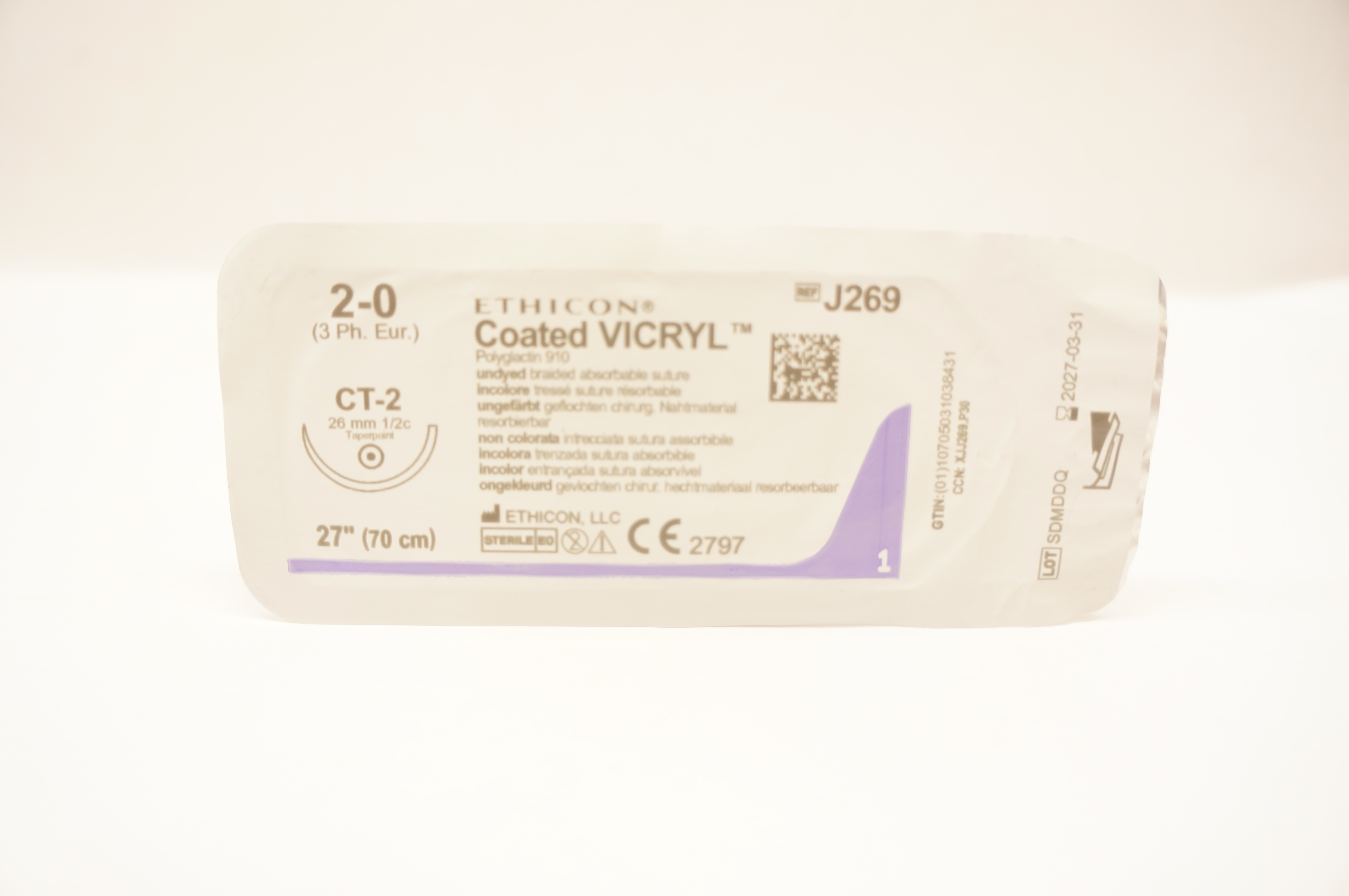 Ethicon J269 2-0 Coated VICRYL Polyglactin Stre CT-2 26mm 1/2c Taperpoint 27inch