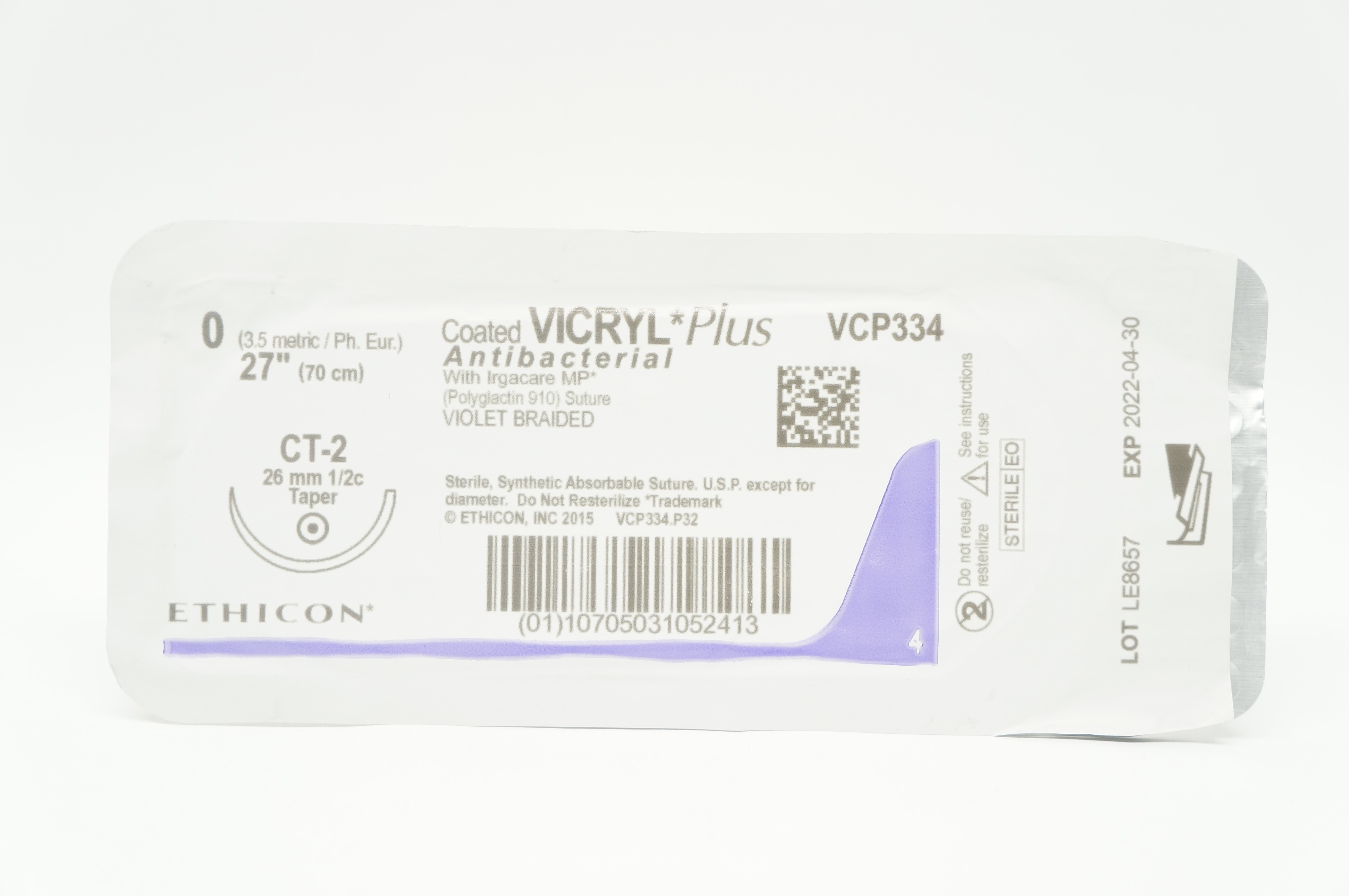 Ethicon VCP334 0 VICRYL PLUS, CT-2, 26mm 1/2c Taper, 27 inch