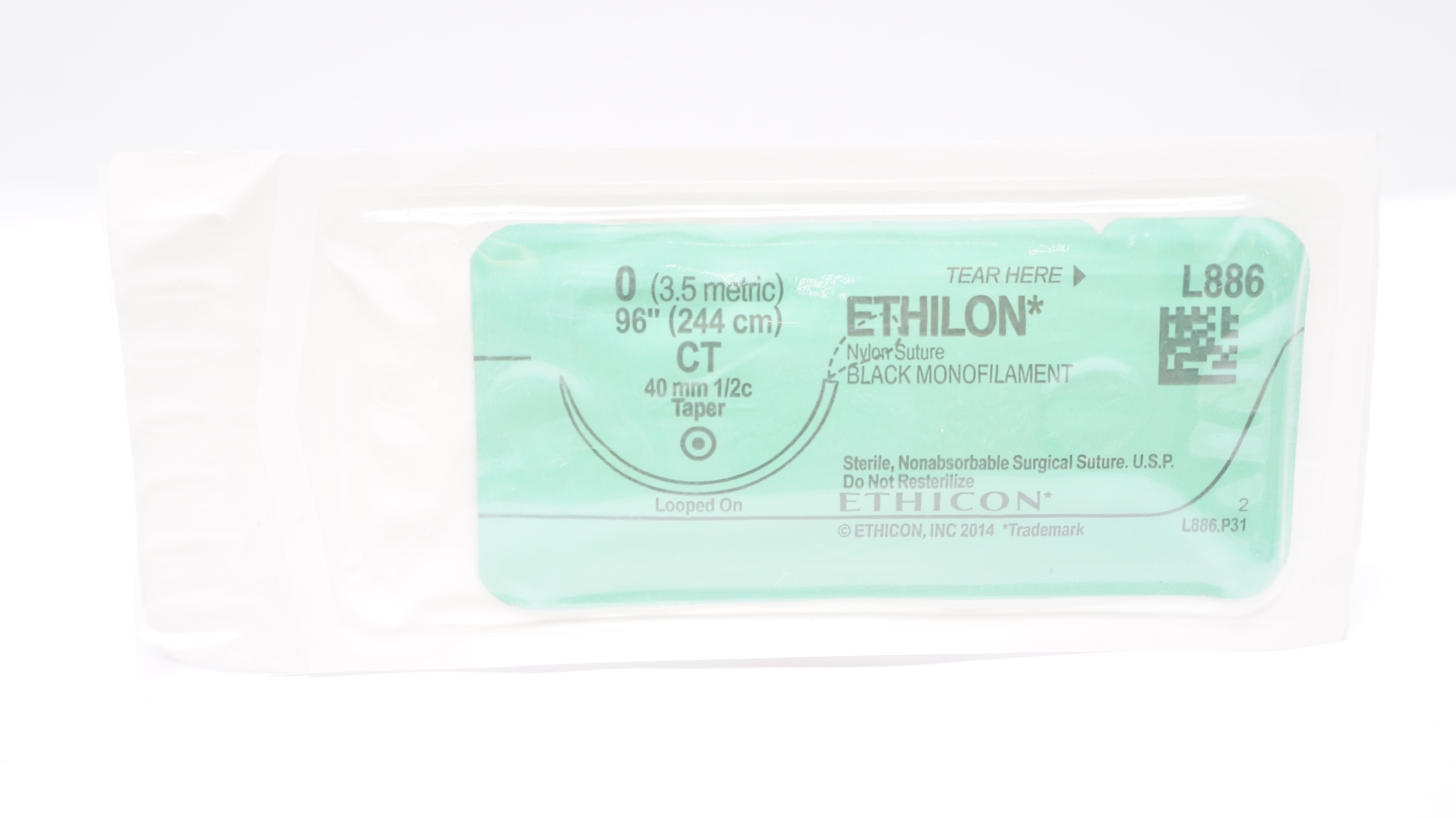 Ethicon L886 0 Ethilon Nylon Stre Black Monofilament CT 40mm 1/2c Taper, 96inch