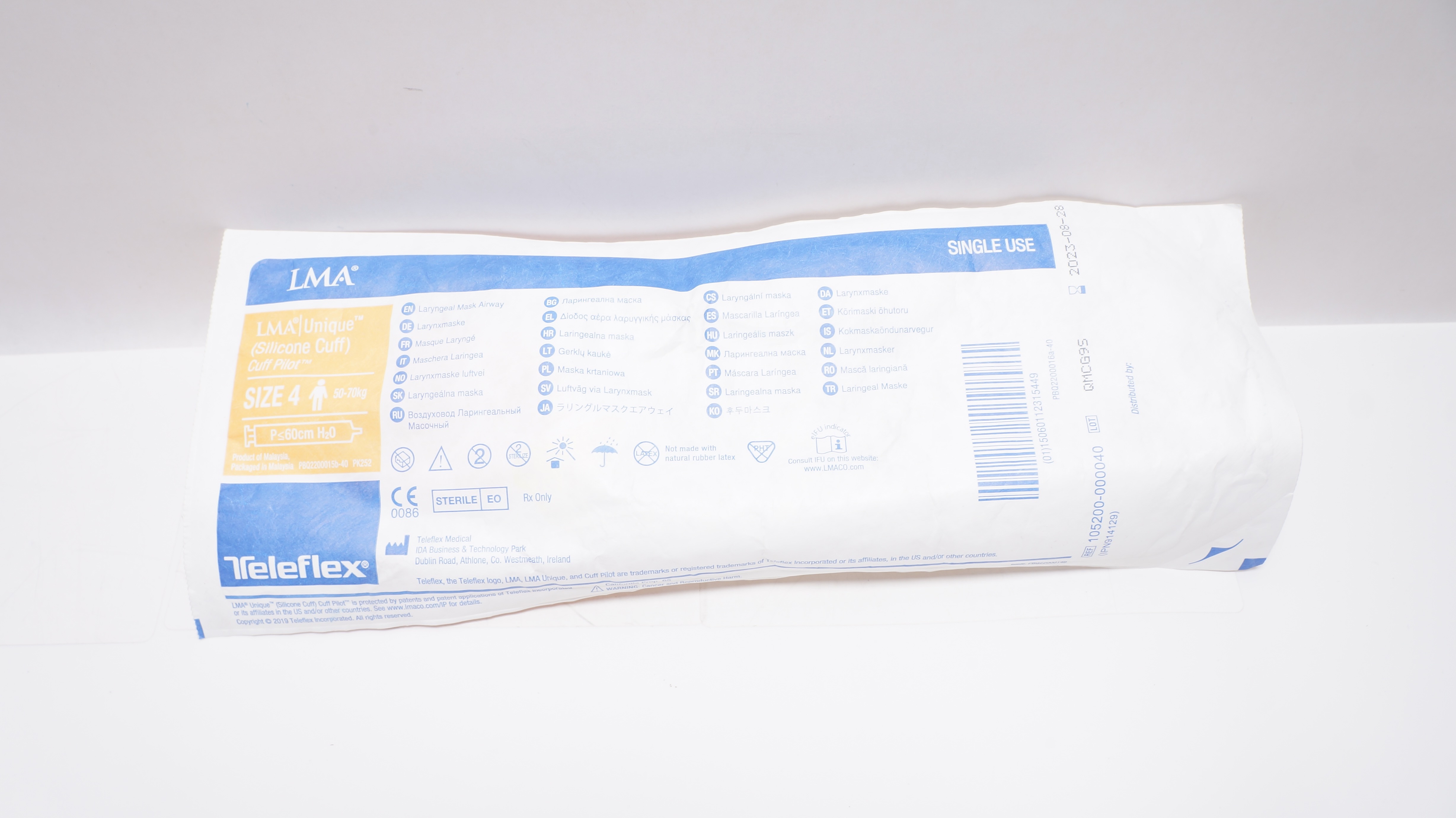 Teleflex 105200-000040 LMA Unique Laryngeal MaskAirway Size 4 50-70kg (x)