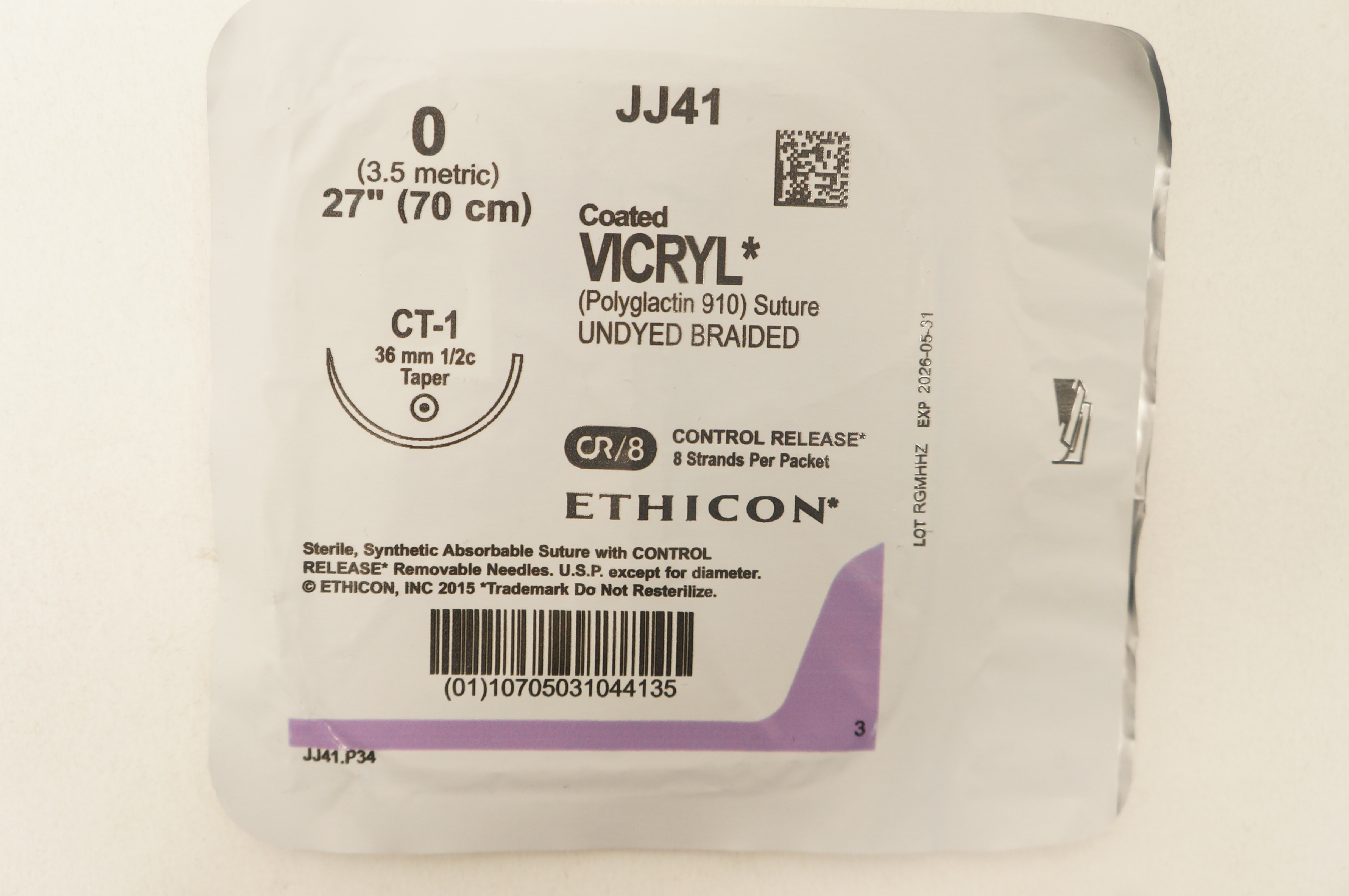Ethicon JJ41 0 Coated VICRYL Stre CT-1 36mm 1/2c Taper 27inch