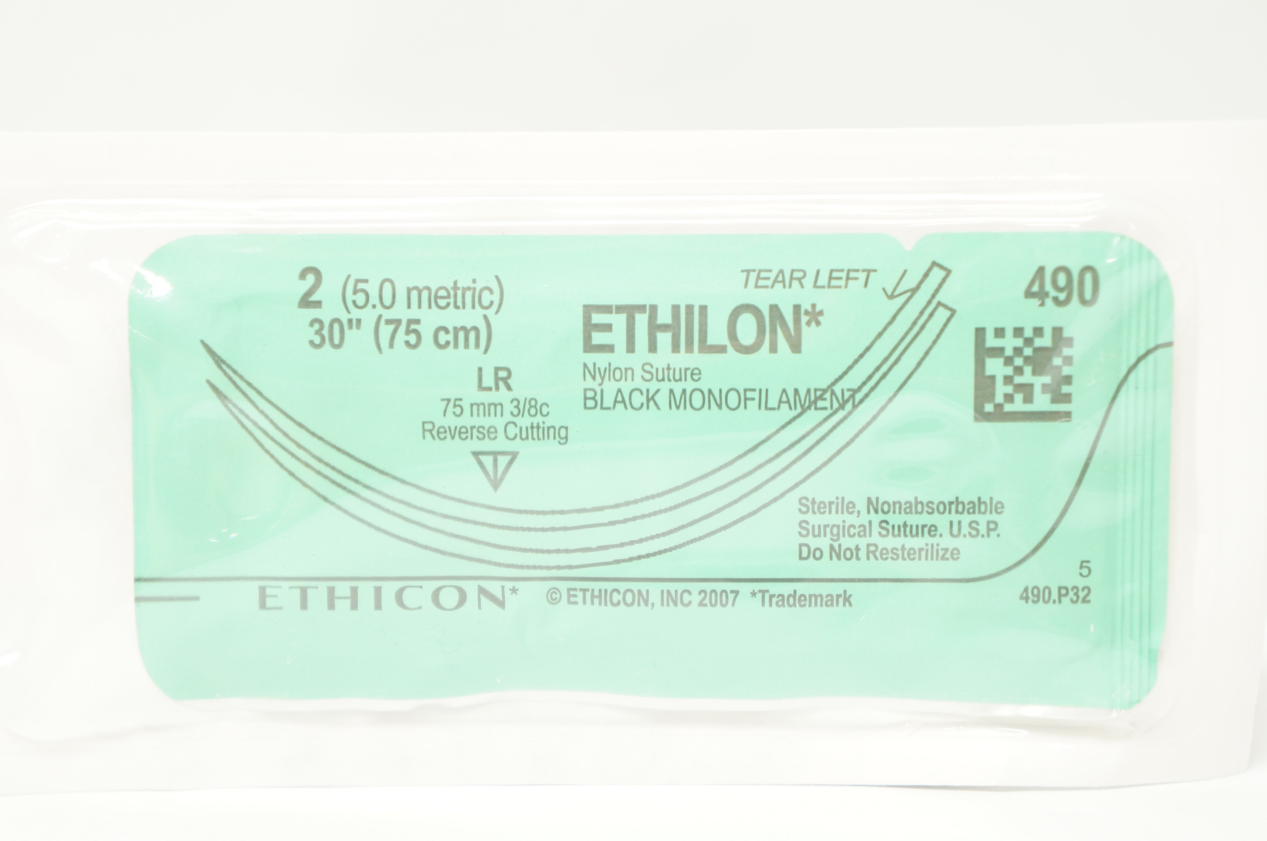 Ethicon 490 2 Nylon Stre Black Monofilament 75mm 3/8c Reverse Cutting, 30inch