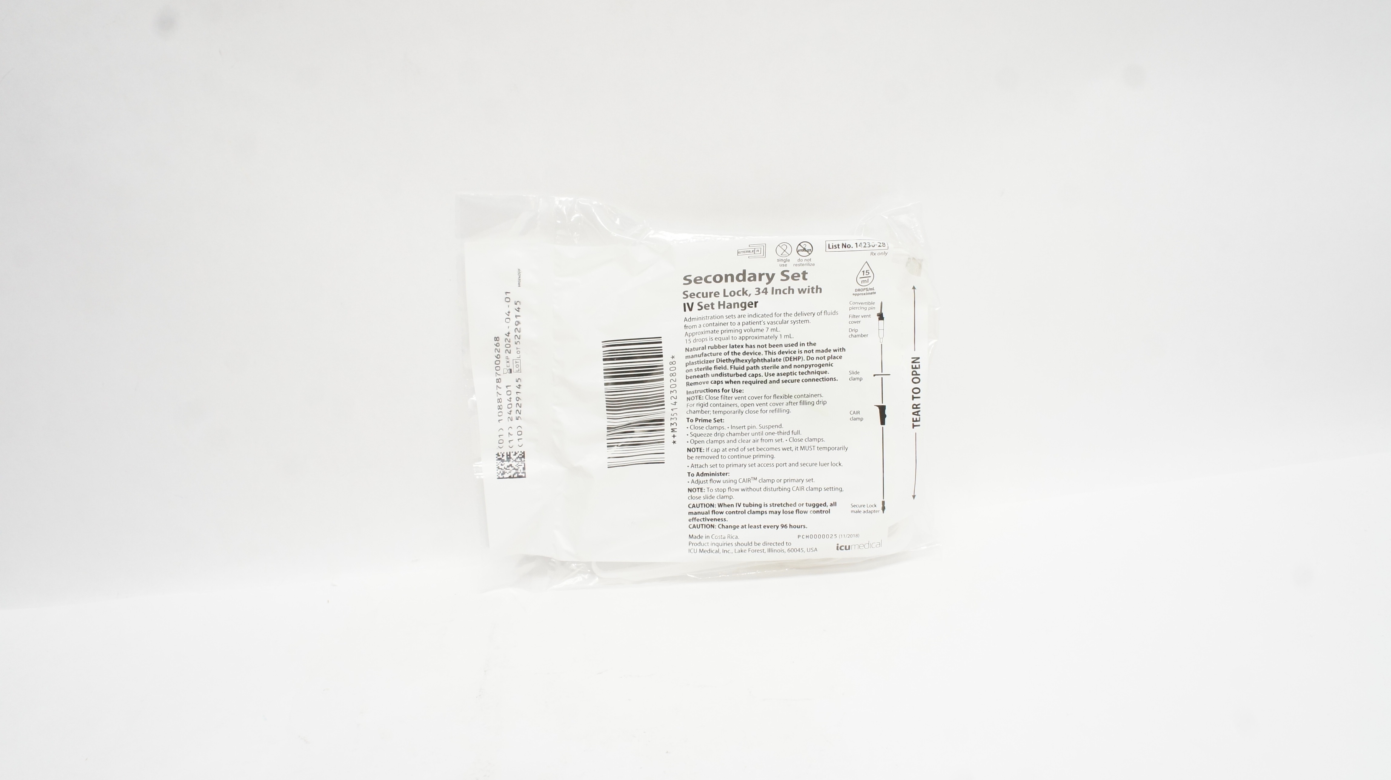 ICU Medical 14230-28 Secondary Set Secure Lock 34inch w/IV Set Hanger15 Drops/mL