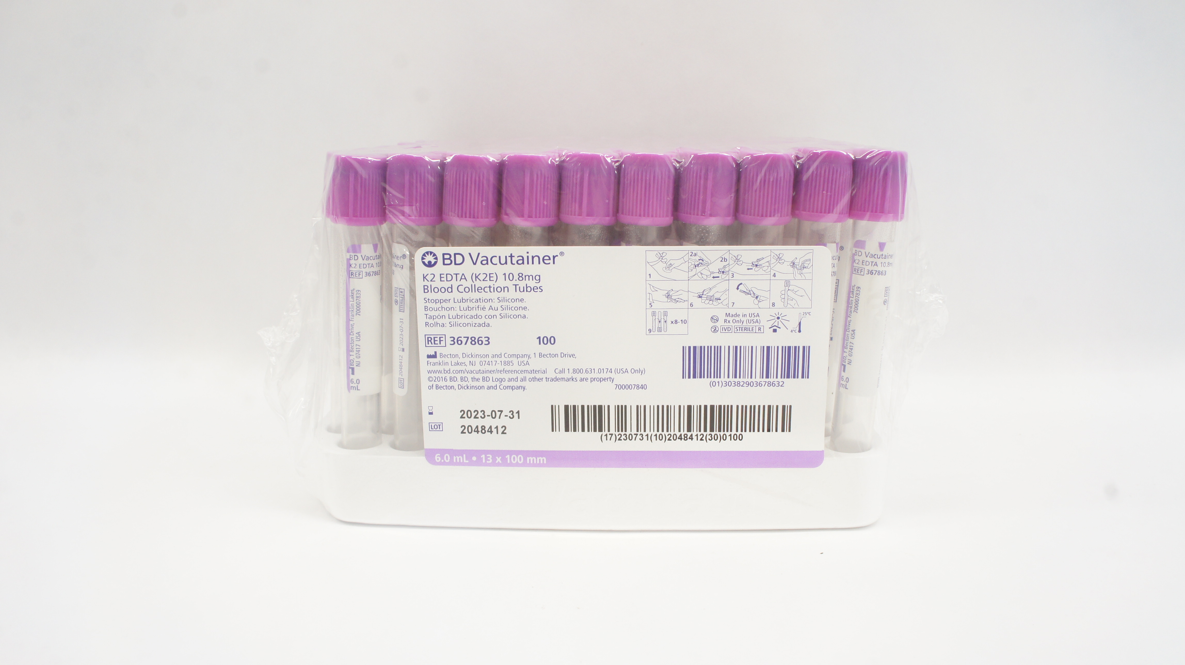 BD 367863 Vacutainer K2 EDTA Blood Collection Tube 10.8mg - Pack of 100