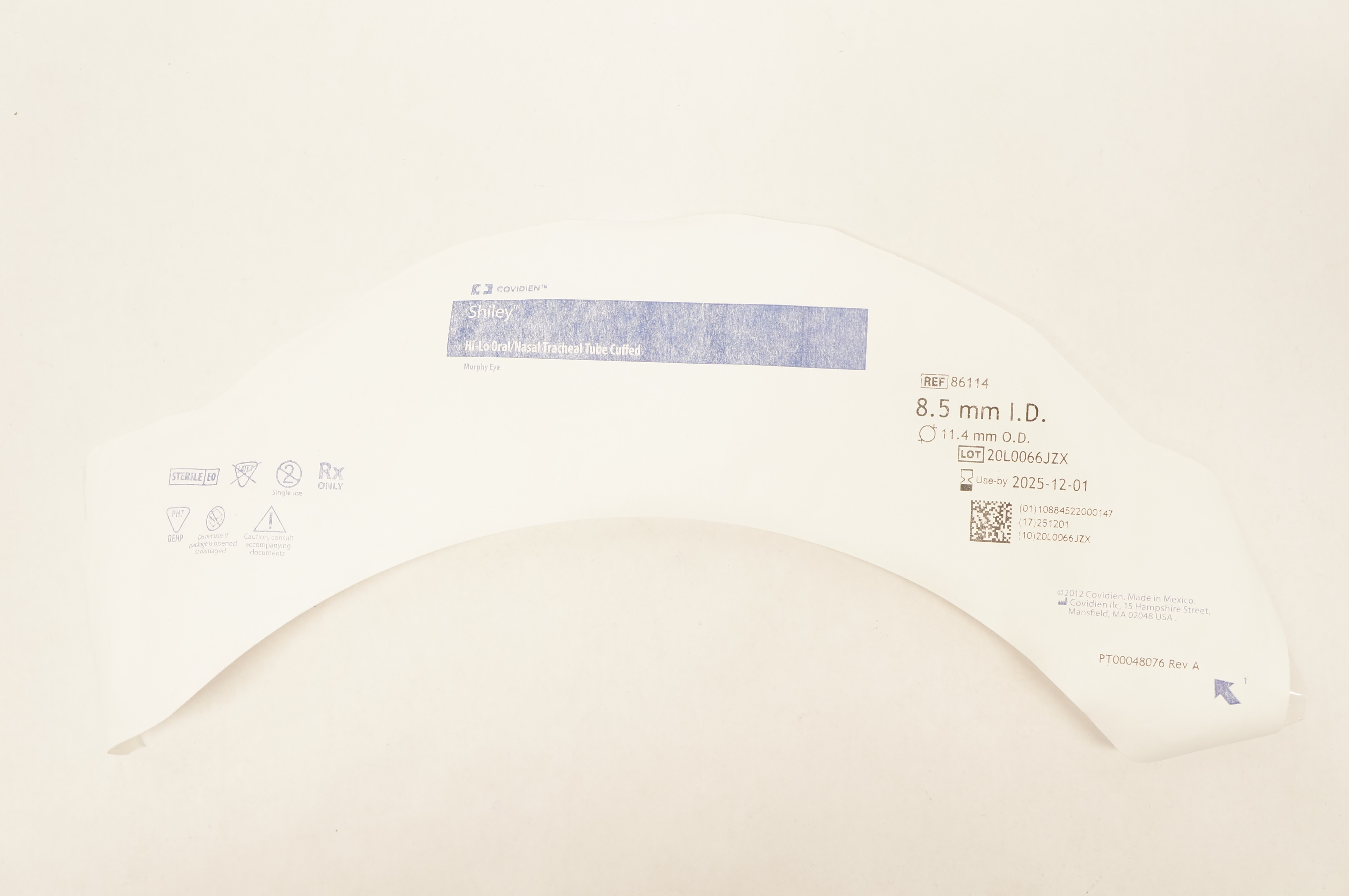 Covidien 86114 Shiley Hi-Lo Oral/Nasal Tracheal Tube Cuffed 8.5mm ID x 11.4mm OD