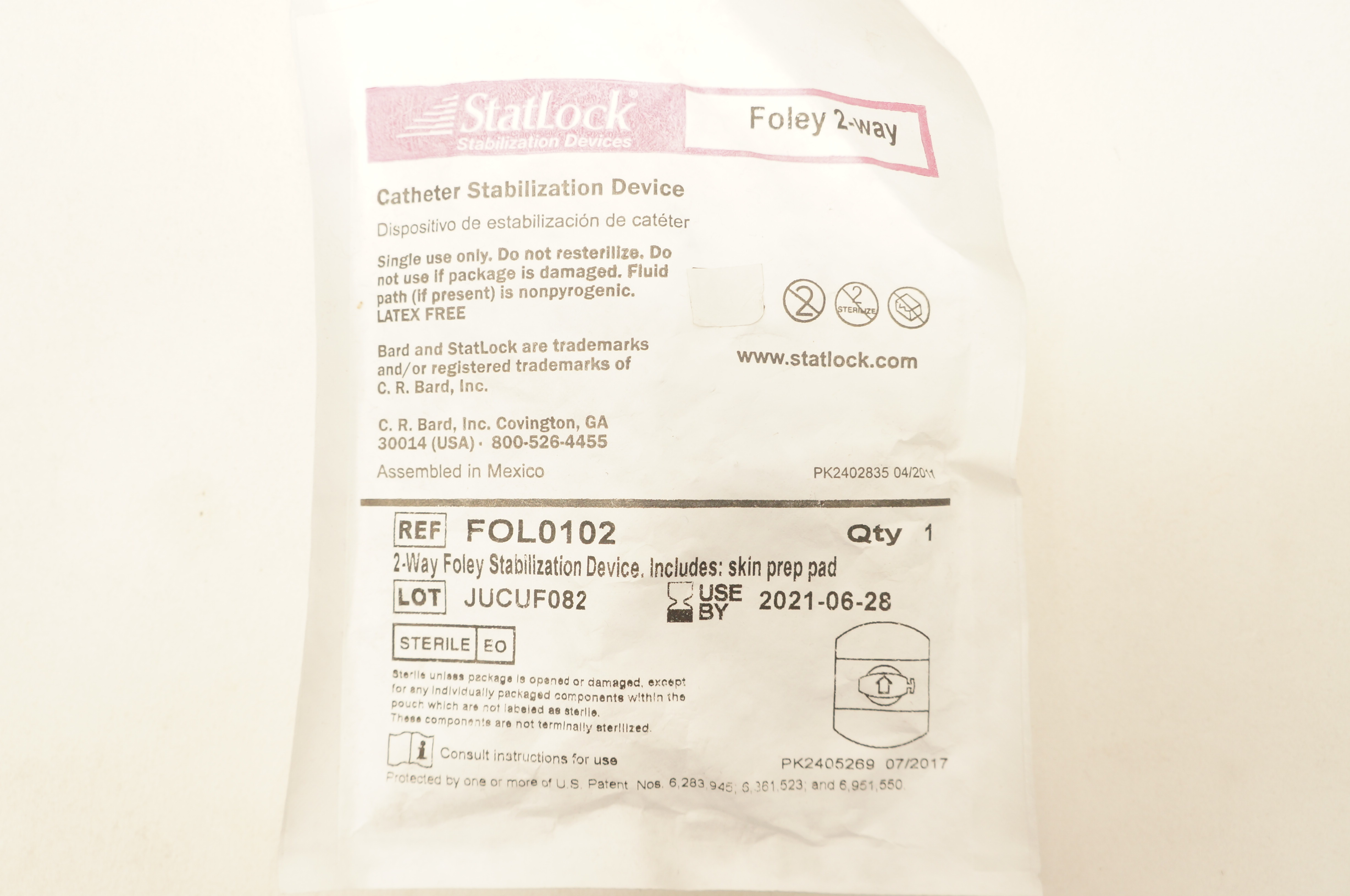 Bard FOL0102 StatLock Cath. Stabilization Device Foley 2-way (x)