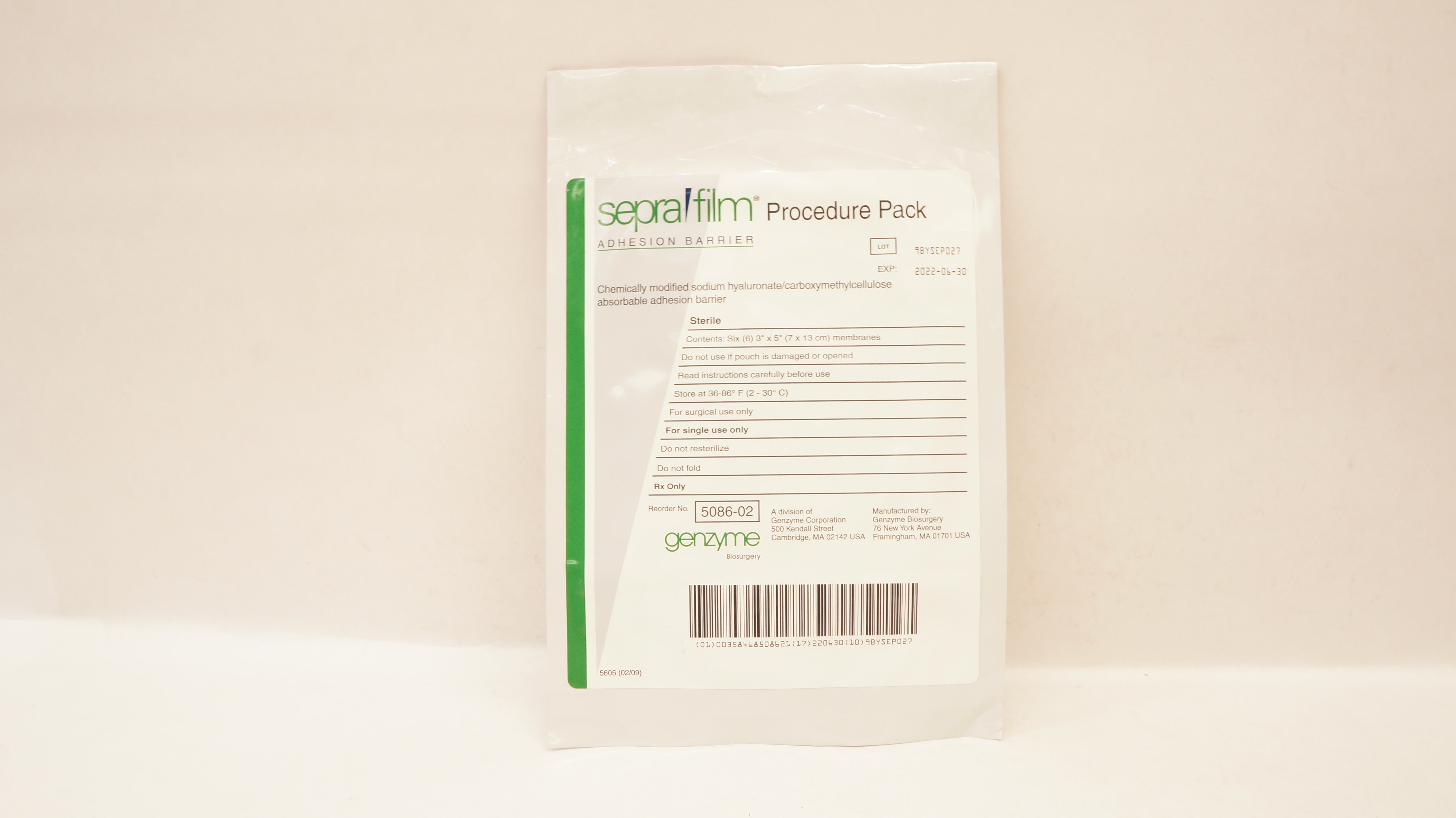 Genzyme 5086-02 Sepra Film Adhesion Barrier Procedure Pack 3 x 5inch (x)