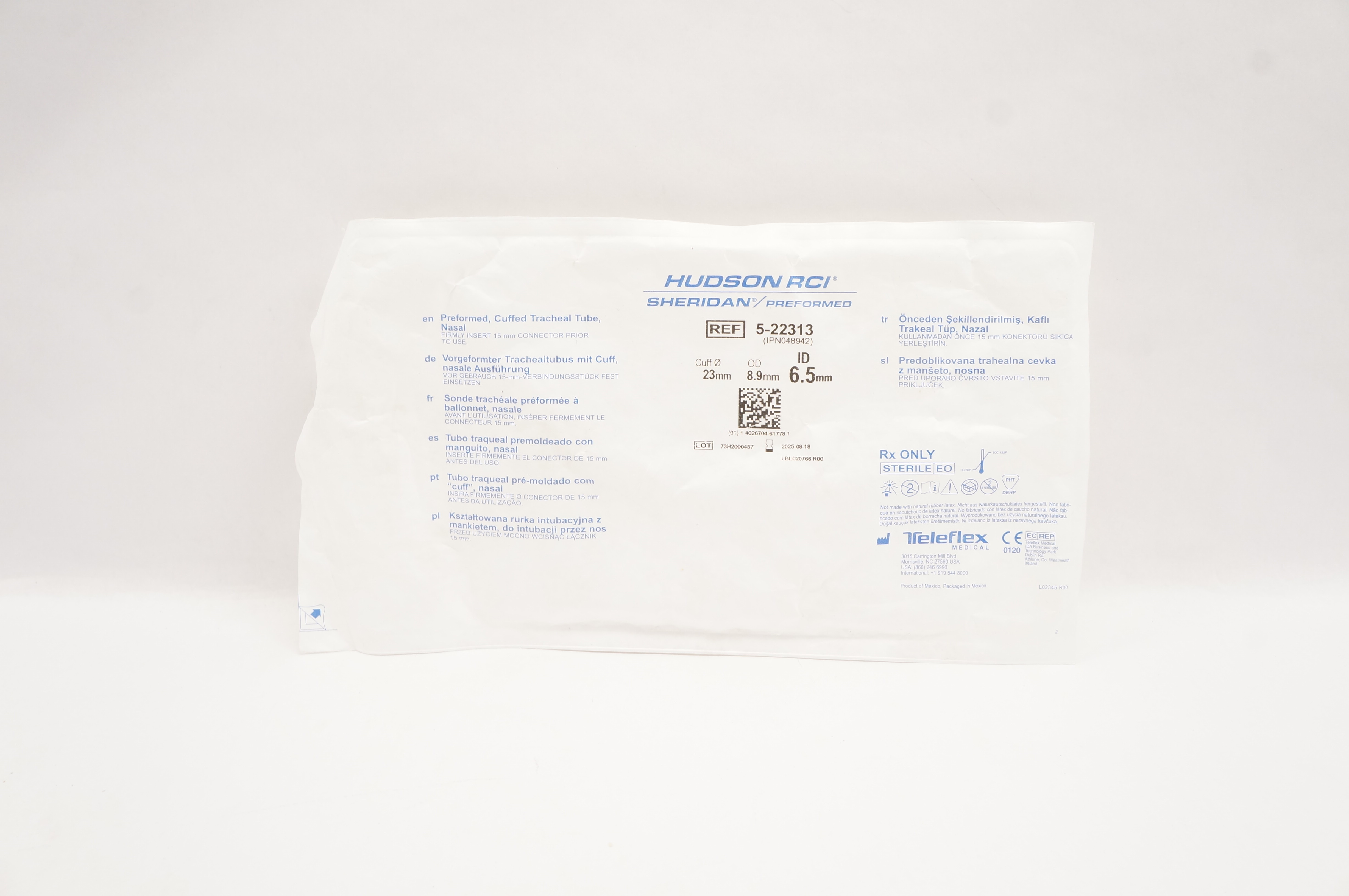 Teleflex 5-22313 Hudson RCI Cuffed Tracheal Tube Nasal 23mm OD 8.9mm ID 6.5mm