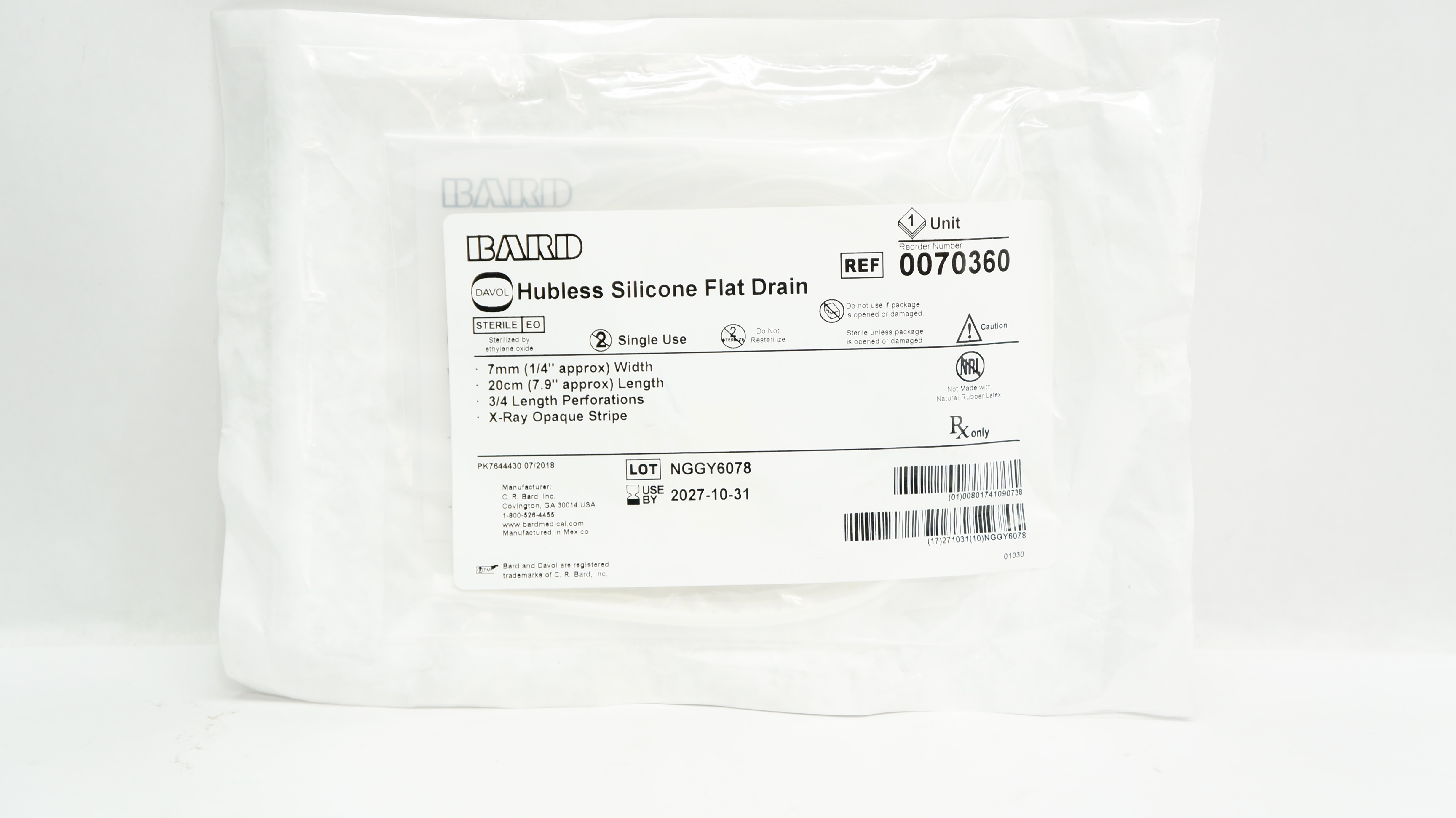 Bard 0070360 Hubless Silicone Flat Drain 7mm x 20cm
