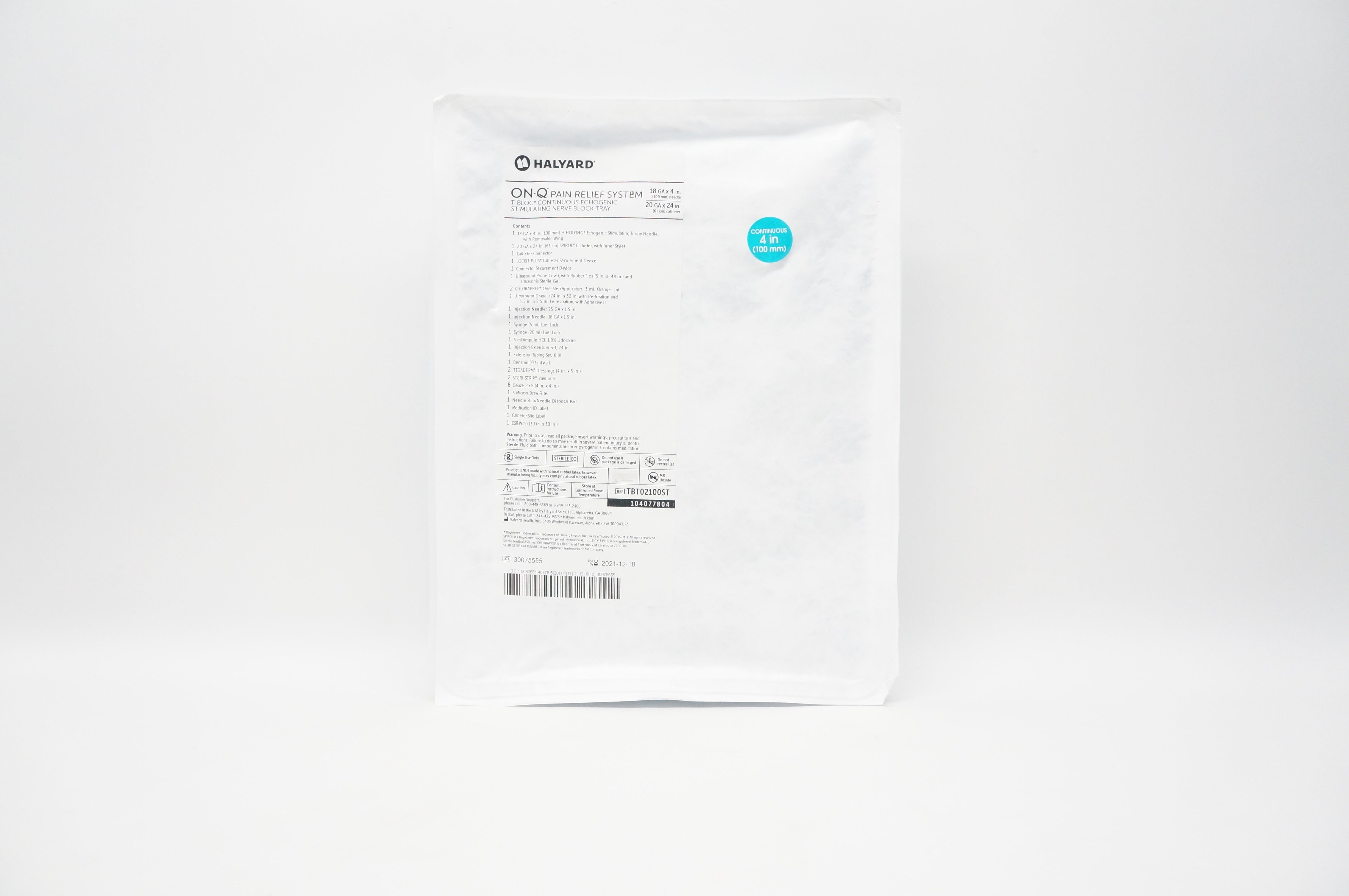 Halyard TBT02100ST ON-Q Pain Relief T-Bloc Stimulating Nerve Block Tray 18GaX4in