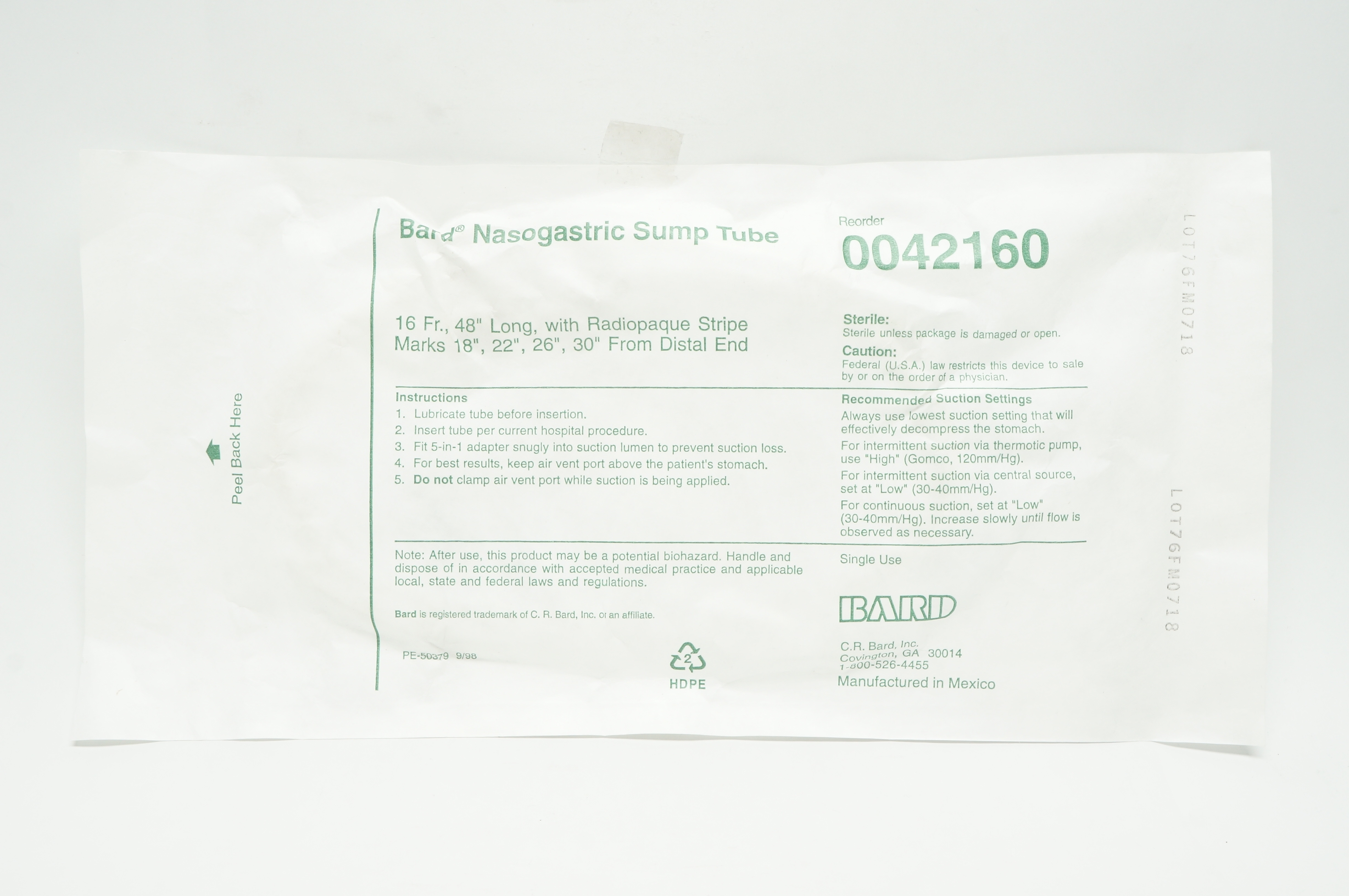 Bard 0042160 Nasogastric Sump Tube 16Fr x 48inch