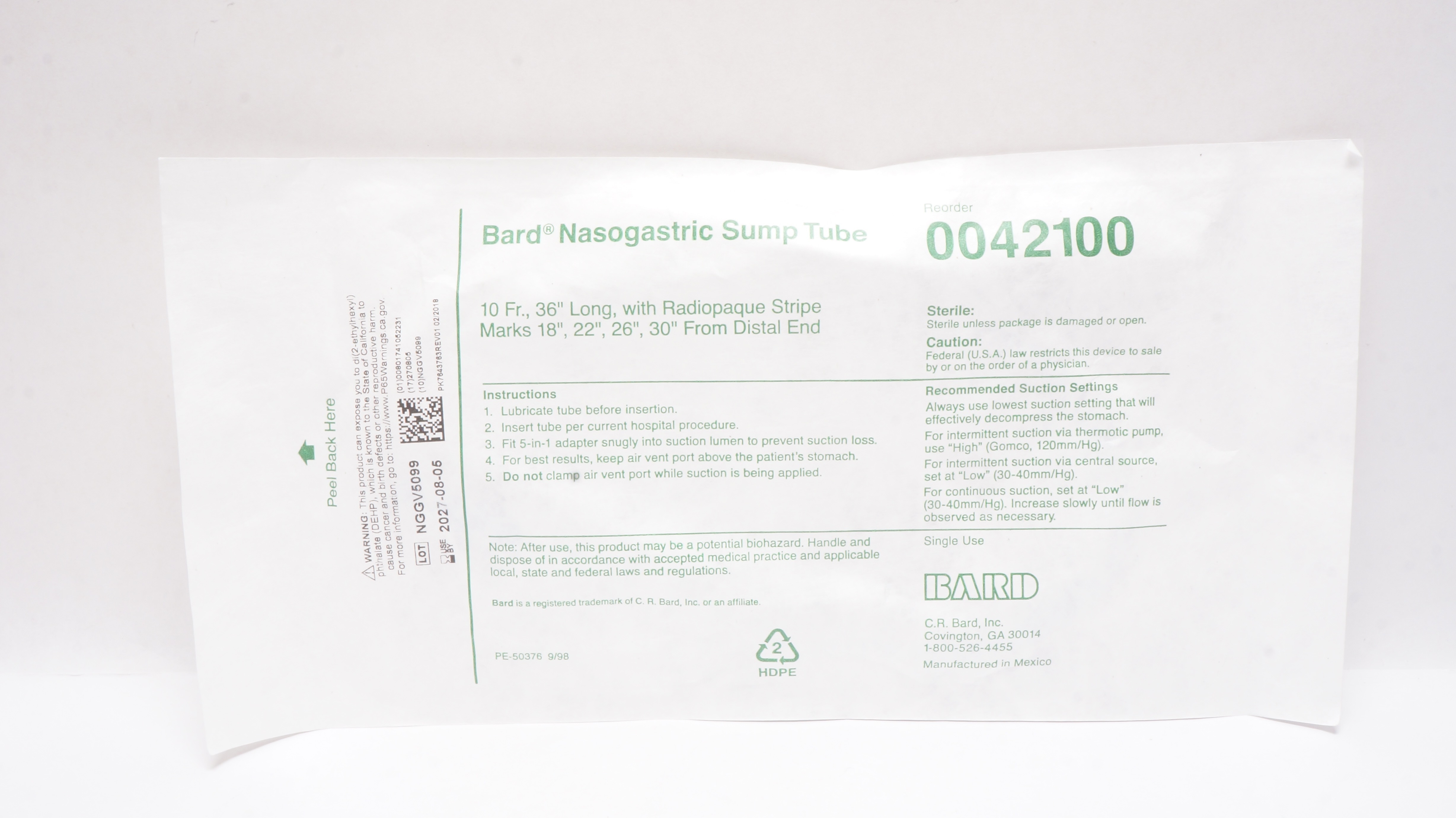 Bard 0042100 Nasogastric Sump Tube with Radiopaque Stripe Marks 10Fr x 36inch