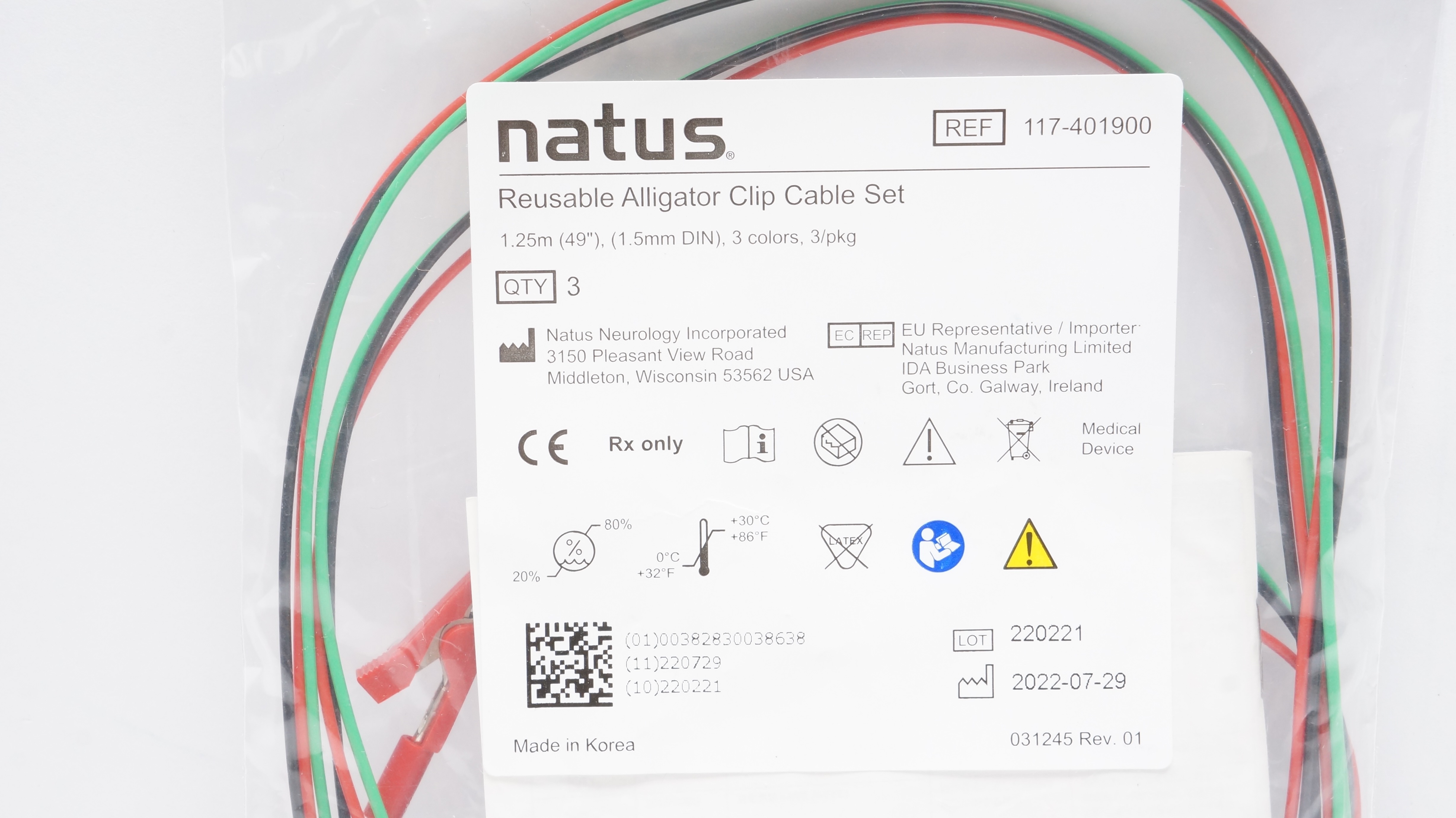 Natus 117-401900 Reusable Alligator Cli Cable Set 49inch (1.5mm DIN) - Pack of 3