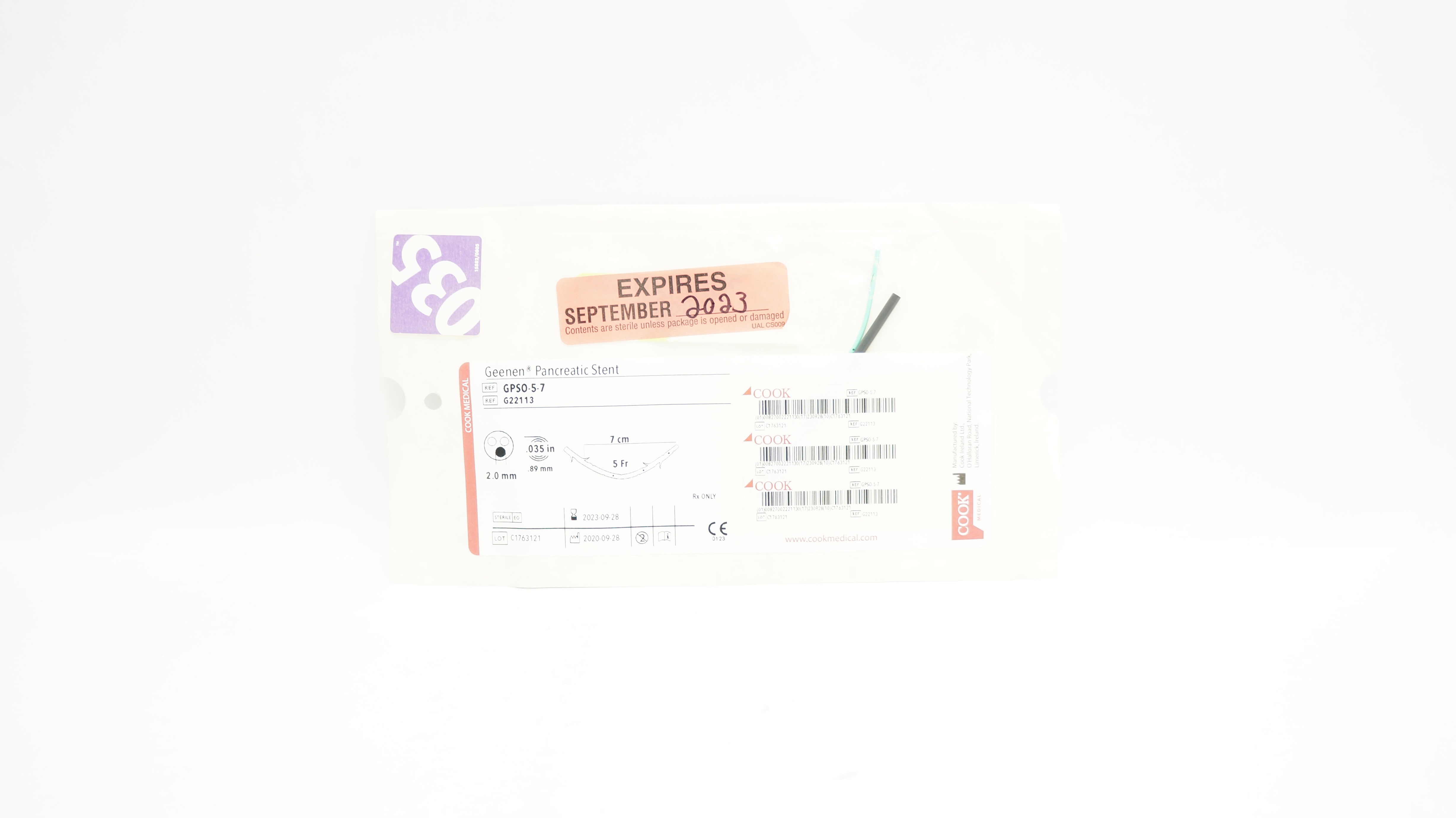 Cook Medical G22113 Geenen Pancreatic Stnt 5Fr. x 7cm x 2.0mm x .035inch (x)