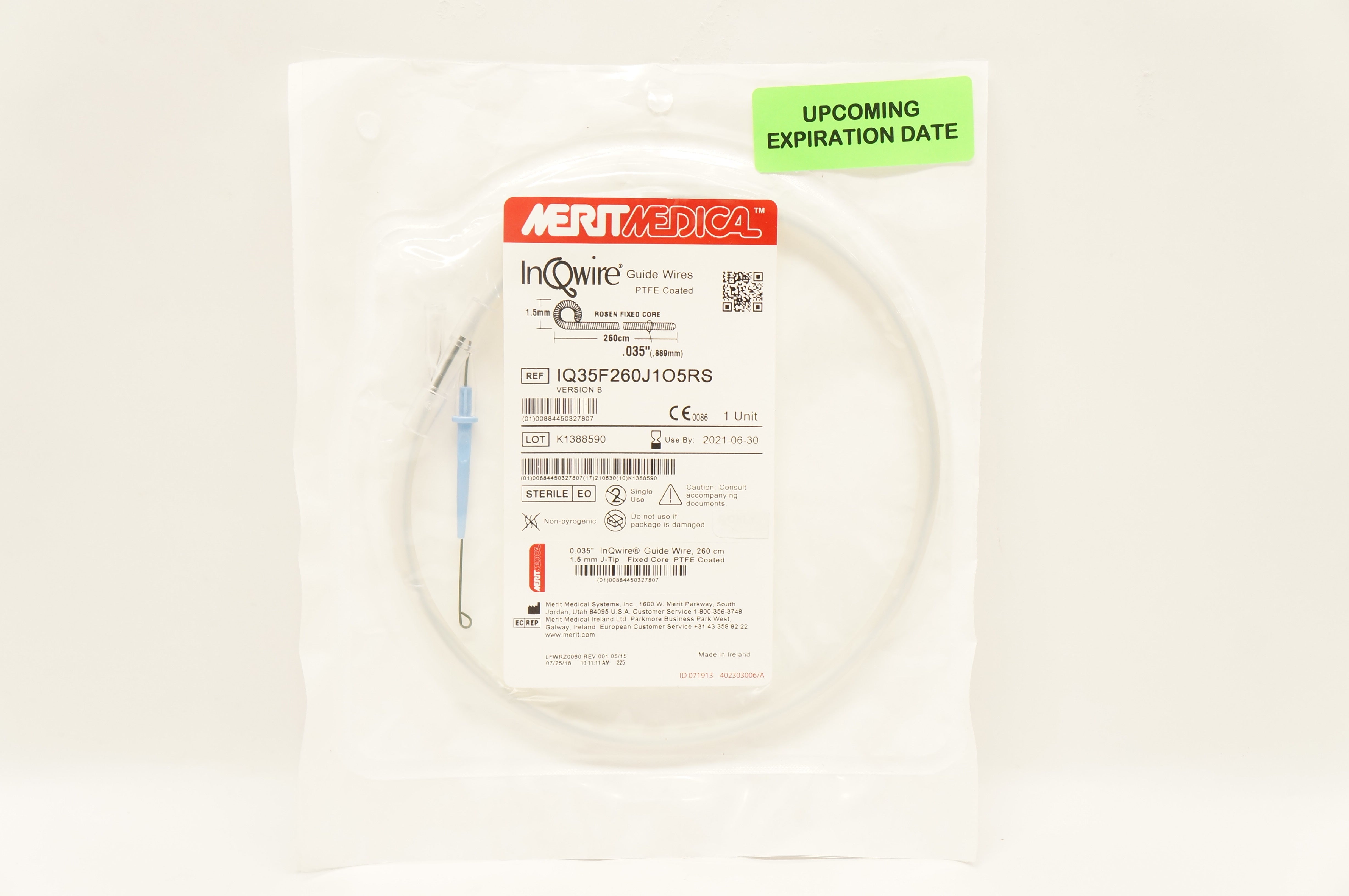Merit Medical IQ35F260J105RS InQwire Guide Wires PTFE Coated 260cm x .035inch(x)