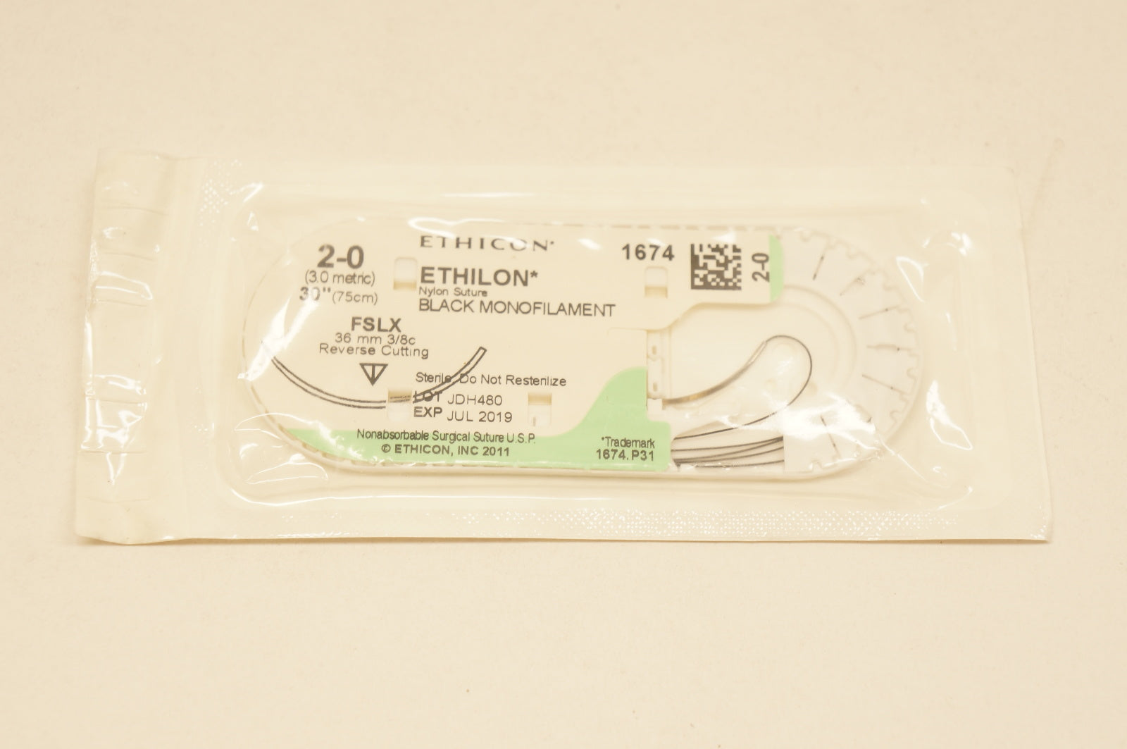 Ethicon 1674 2-0 ETHILON, FSLX, 36mm 3/8c, Black Monofilament, 30inch (x)