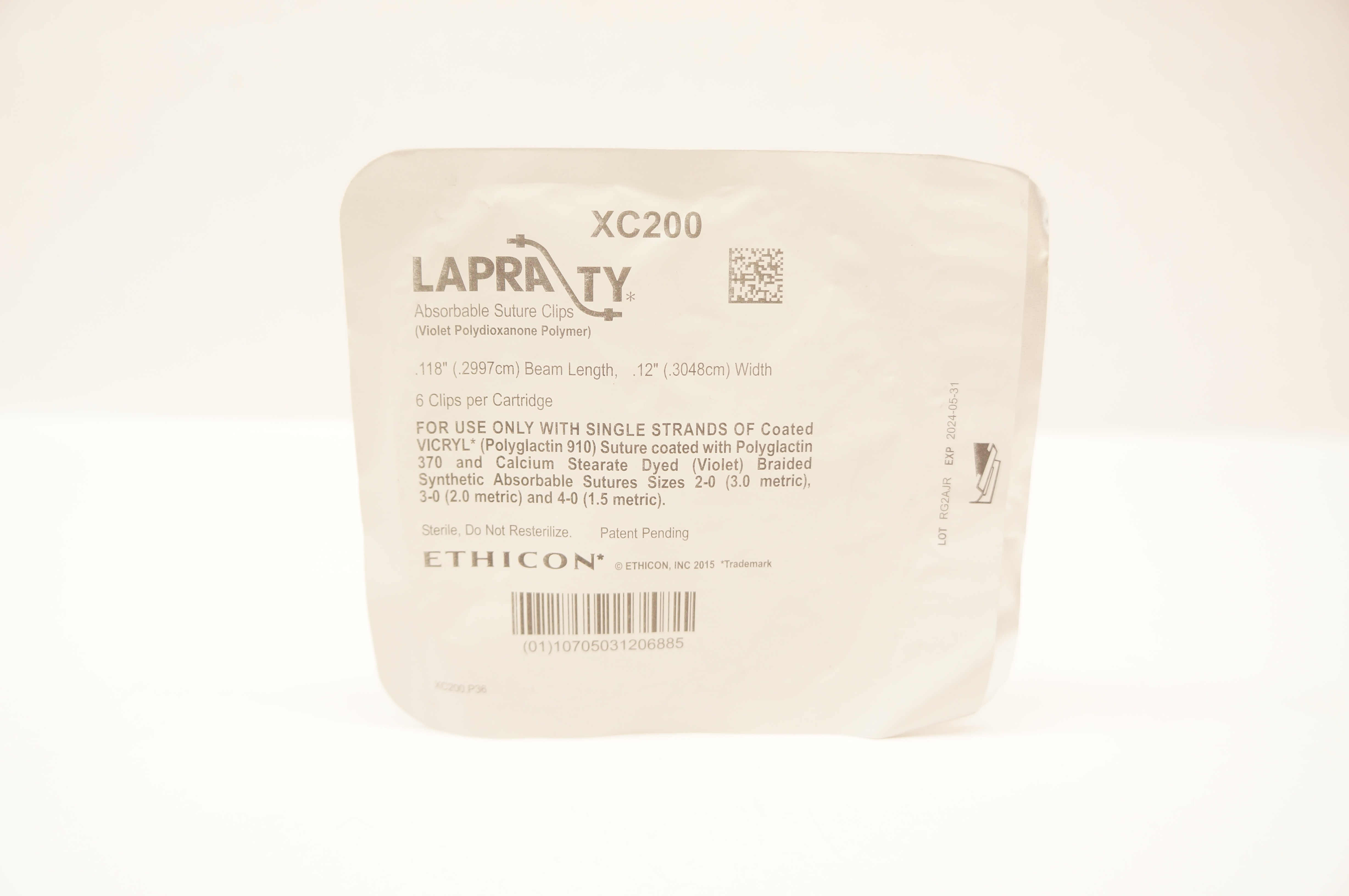 Ethicon XC200 LAPRA TY Absorbable Stre Clips, Beam Length 12inch x 118inch