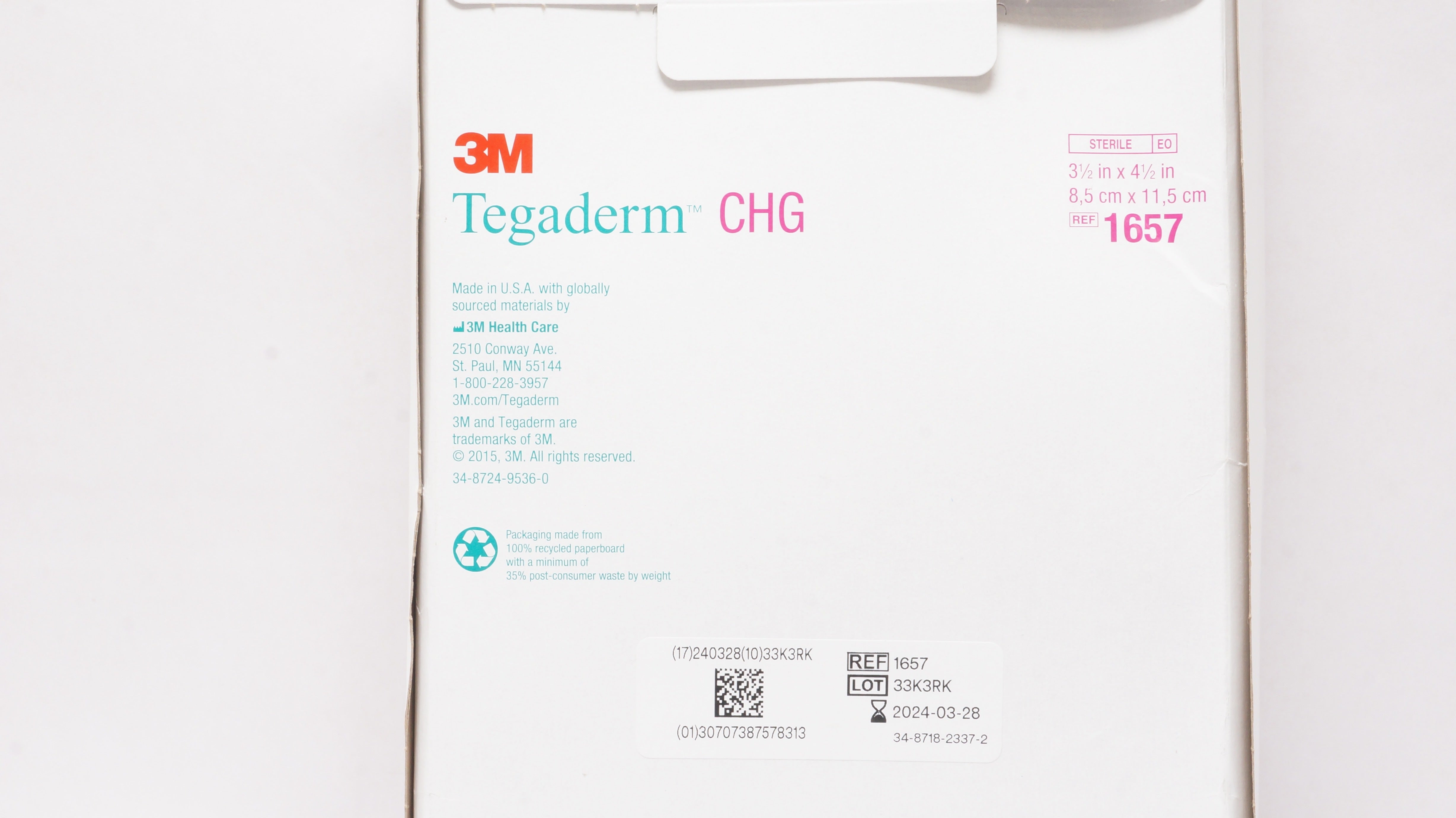 3M 1657 Tegaderm CHG I.V. Securement Dressing 3-1/2 x 4-1/2inch - Box of 25