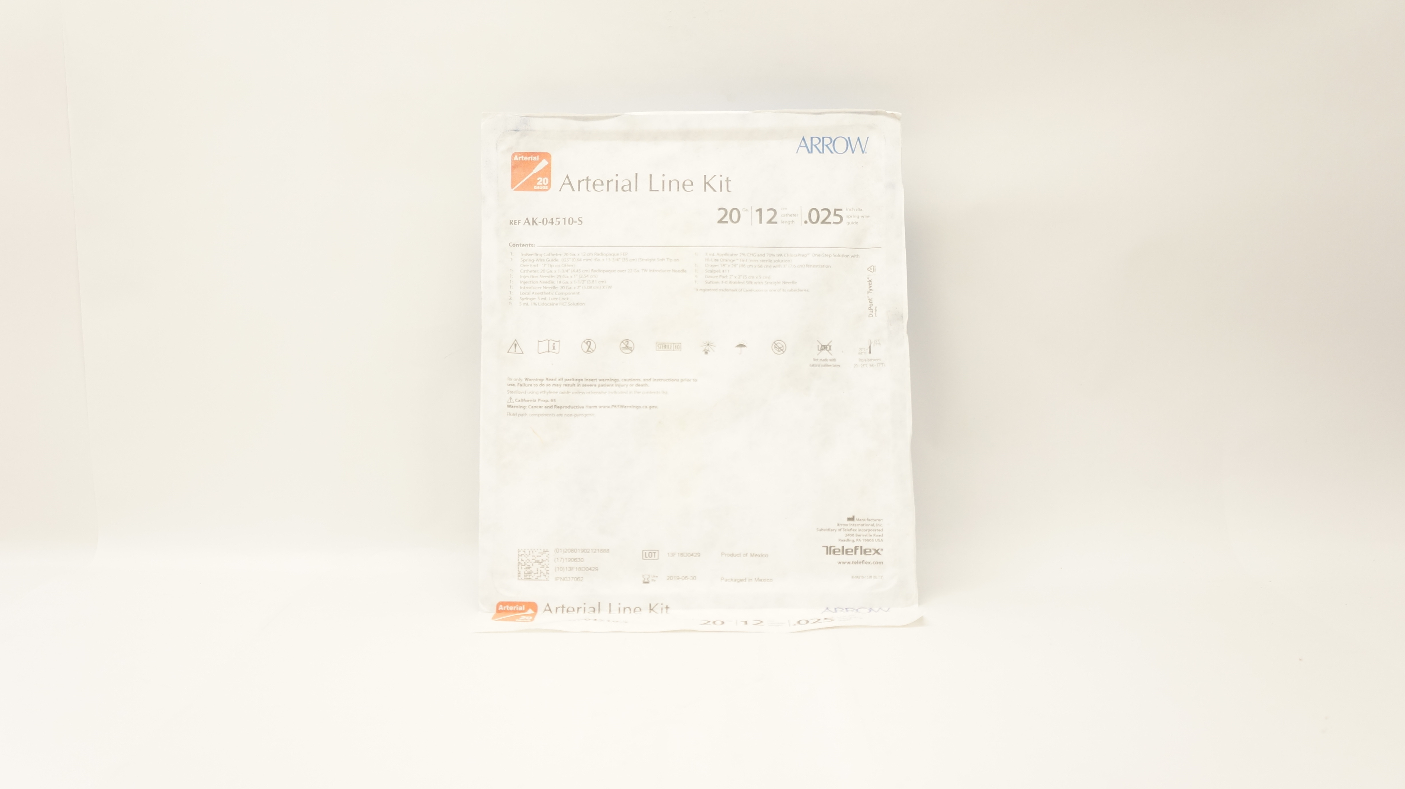 Arrow AK-04510-S Arterial Line Kit 20Ga, 12cm x 0.025inch (x)