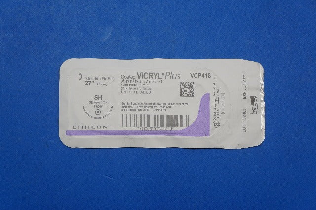 Ethicon VCP418 0 VICRYL Plus, SH 26mm 1/2c Taper, Undyed Braided, 27inch