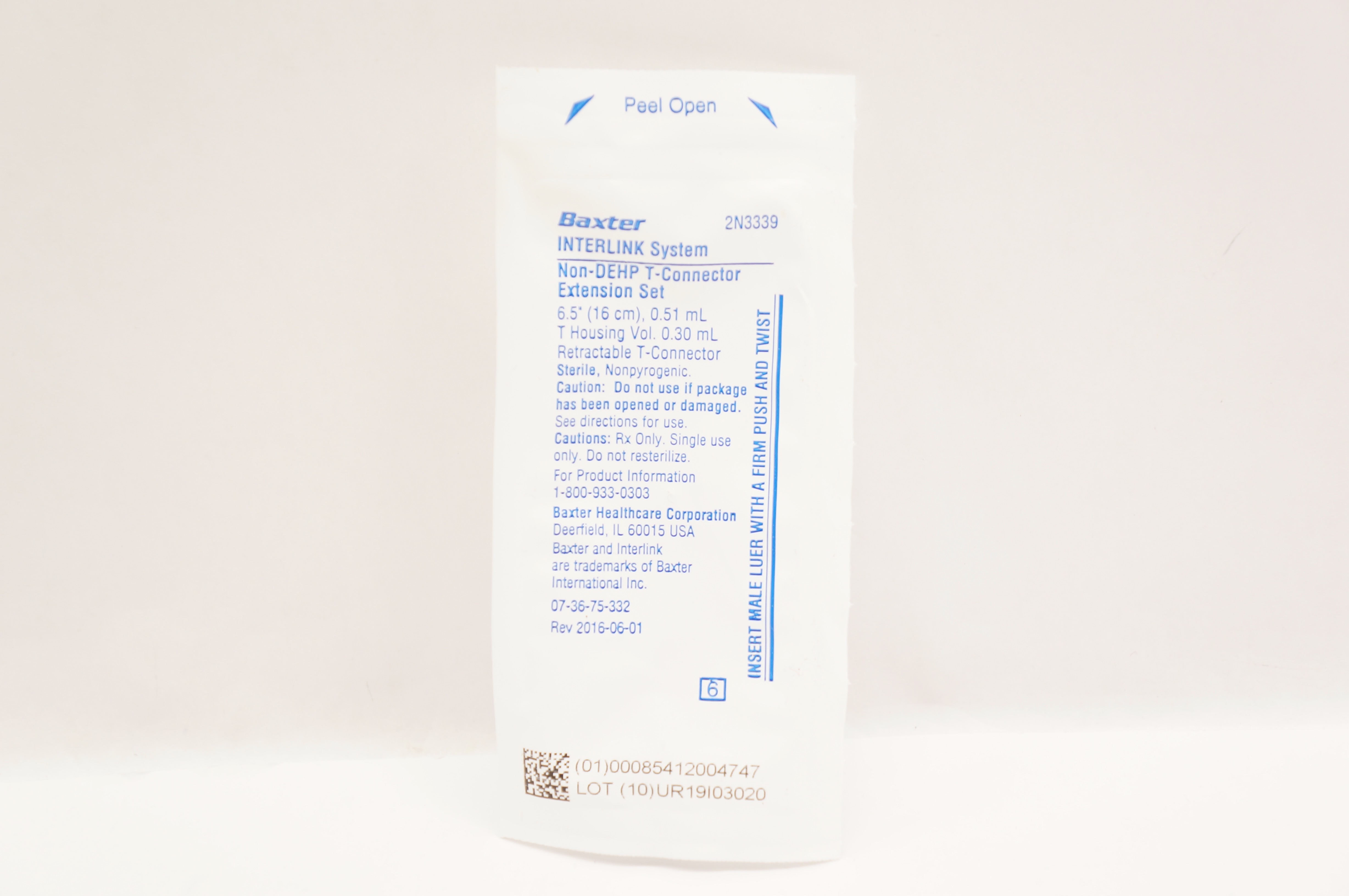 Baxter 2N3339 INTERLINK System Non-DEHP T-Connector Extension Set 6.5inchx0.51mL