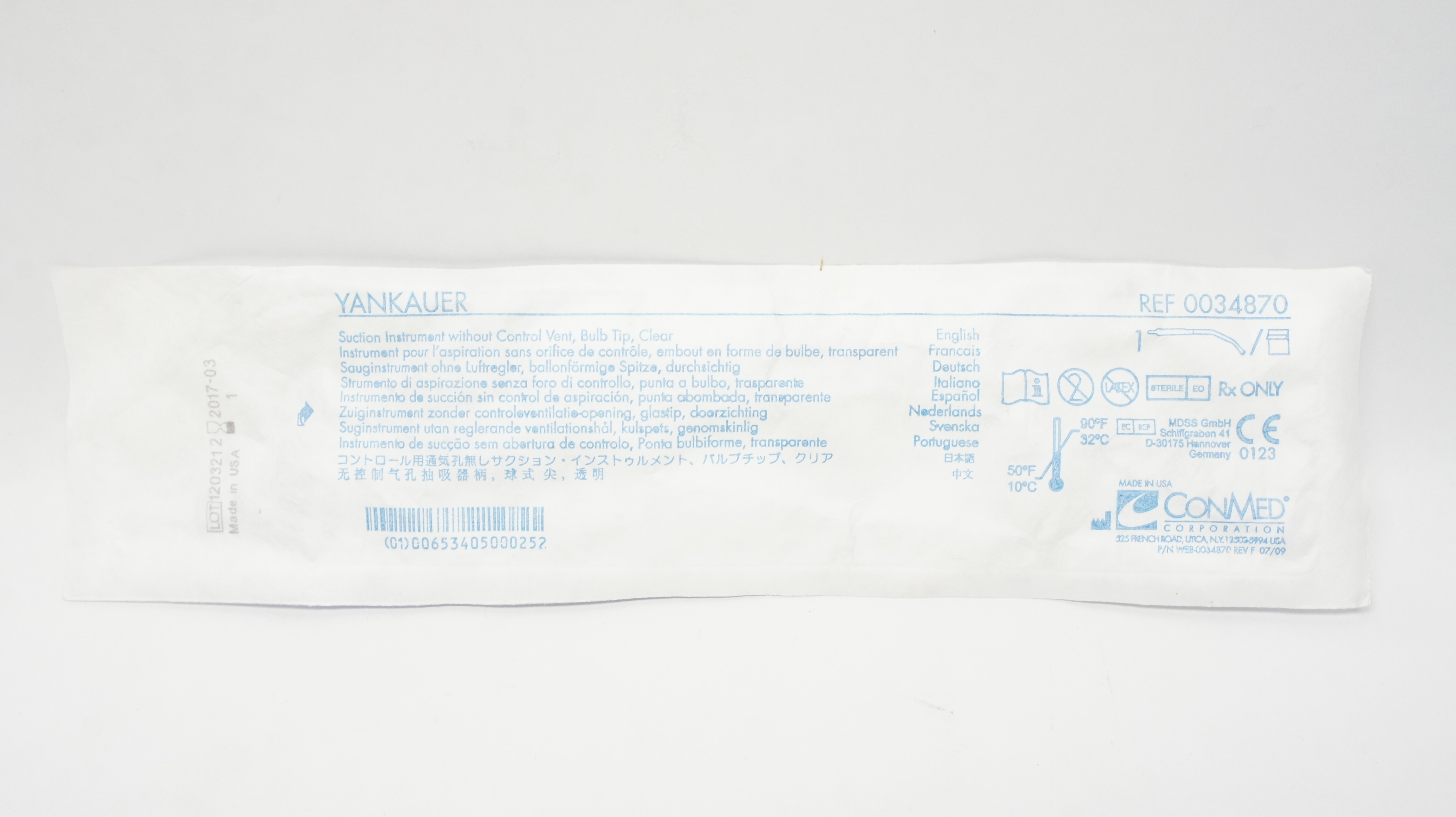 Conmed 0034870 Yankauer Suction Instrument without ControlVent Bulb Tip Clear(x)