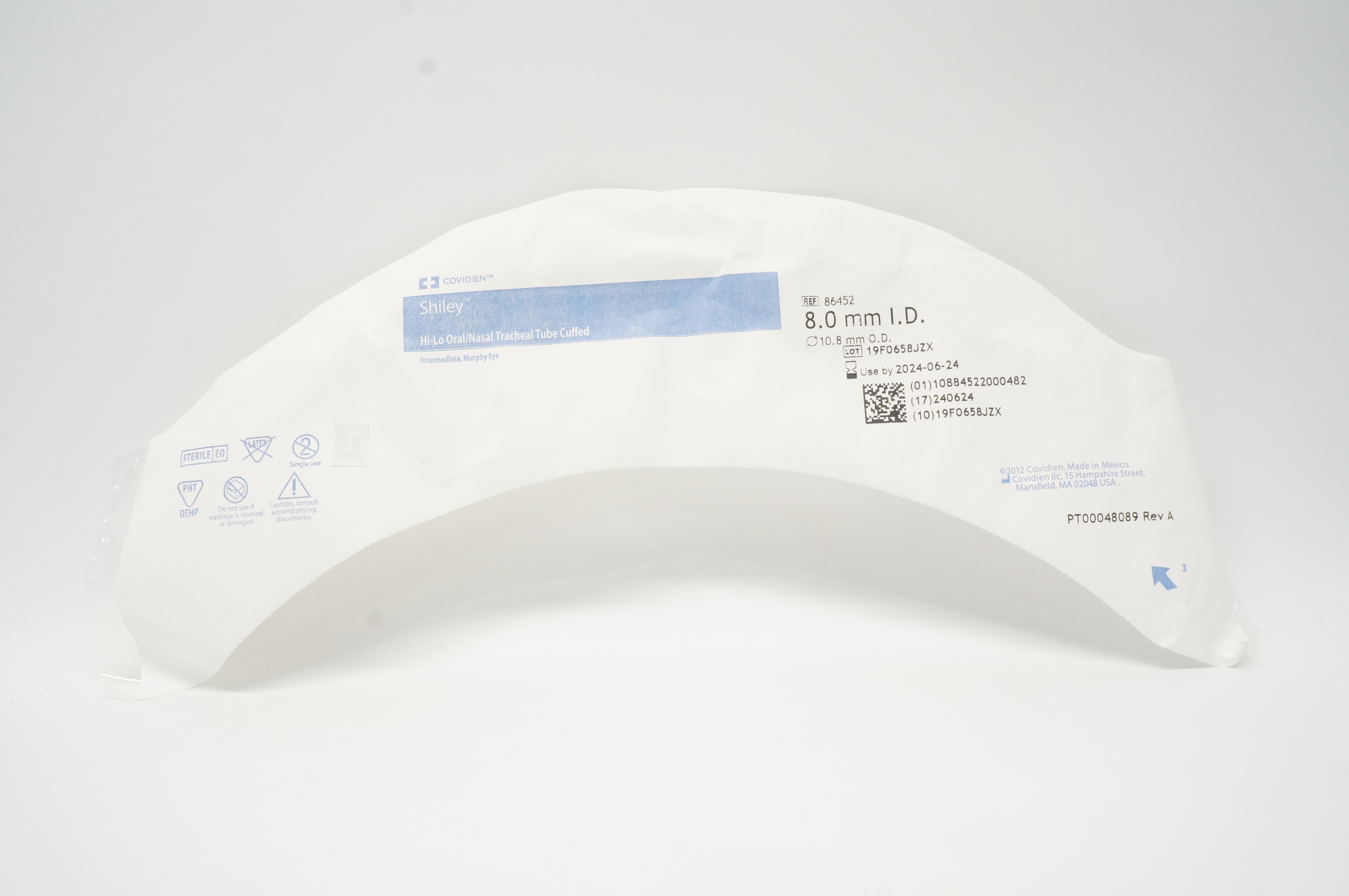 Covidien 86452 Shiley Hi-Lo Oral/Nasal Tracheal Tube Cuffed 8.0mm x 10.8mm
