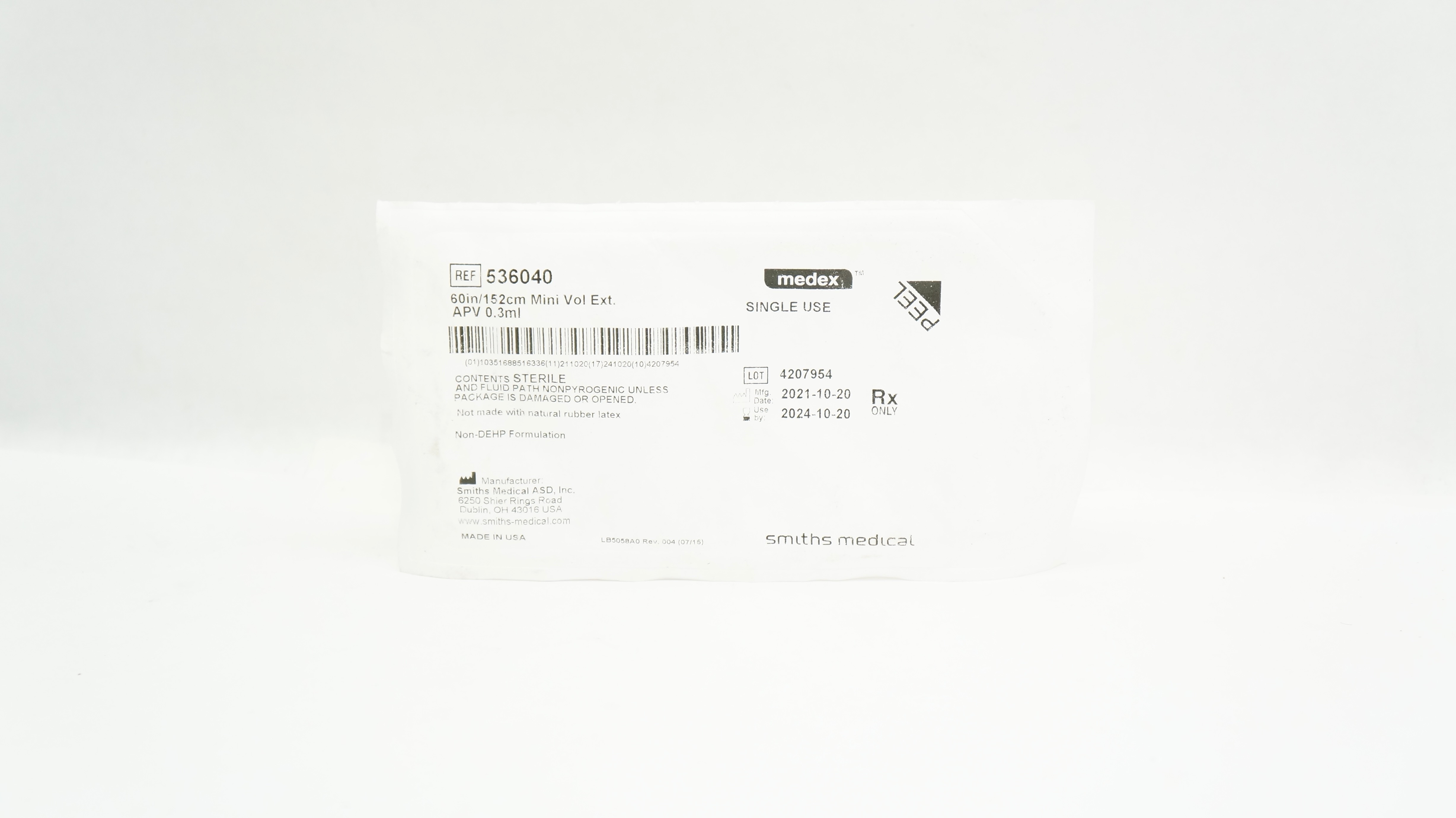 Smiths Medical 536040 Medex 60 in/152cm Mini Vol Ext APV 0.3ml