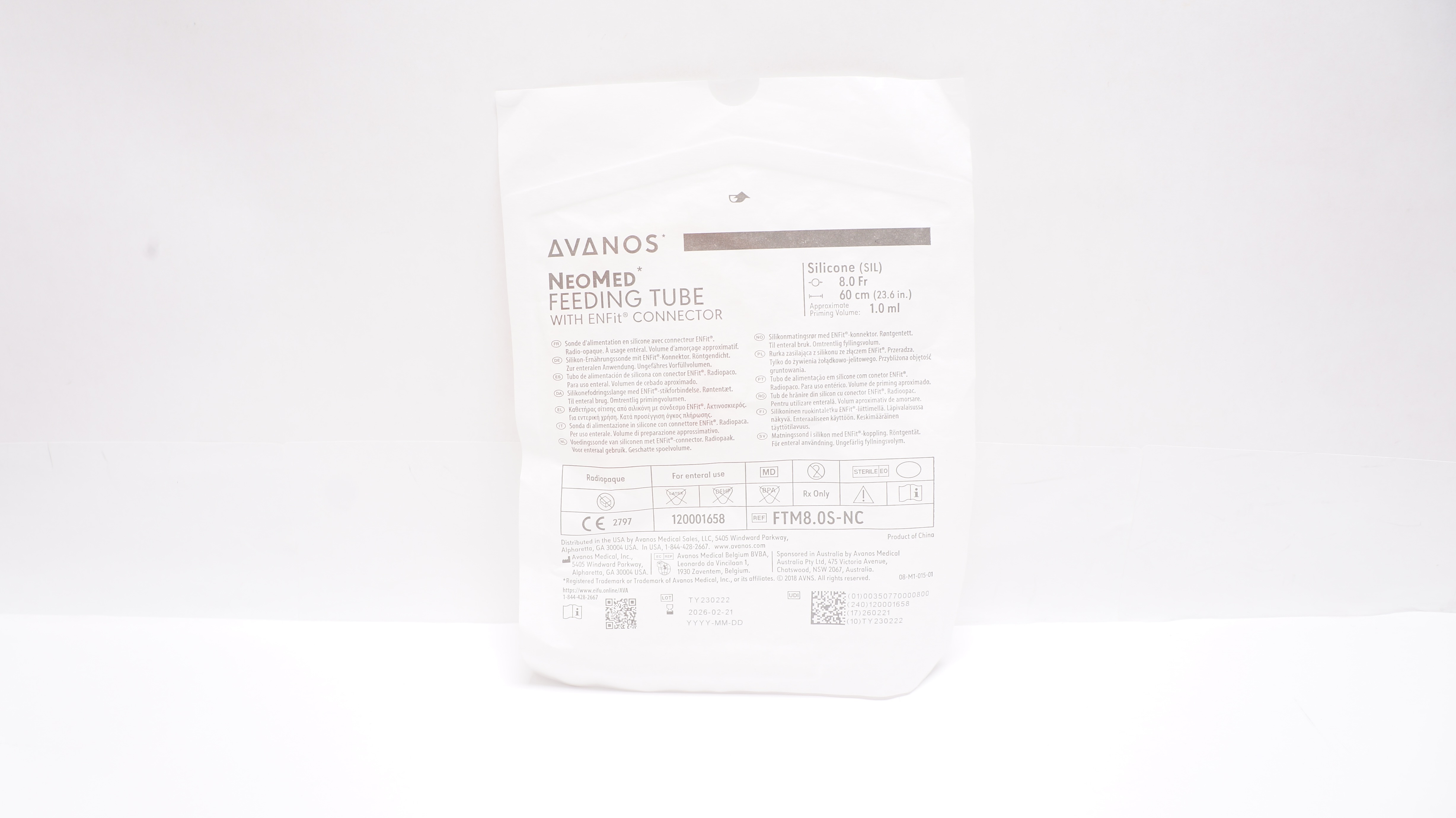 Avanos FTM8.0S-NC NeoMed Feeding Tube W/Enfit Connector 8.0Fr x 60cm x 1.0ml