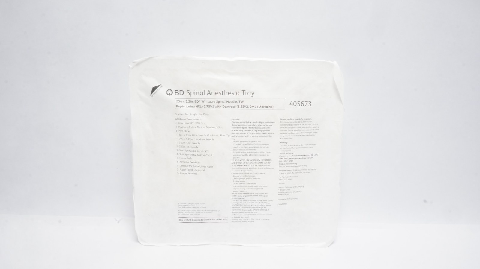 BD 405673 Spinal Anesthesia Tray 25G x 3.5in Whitacre Needle