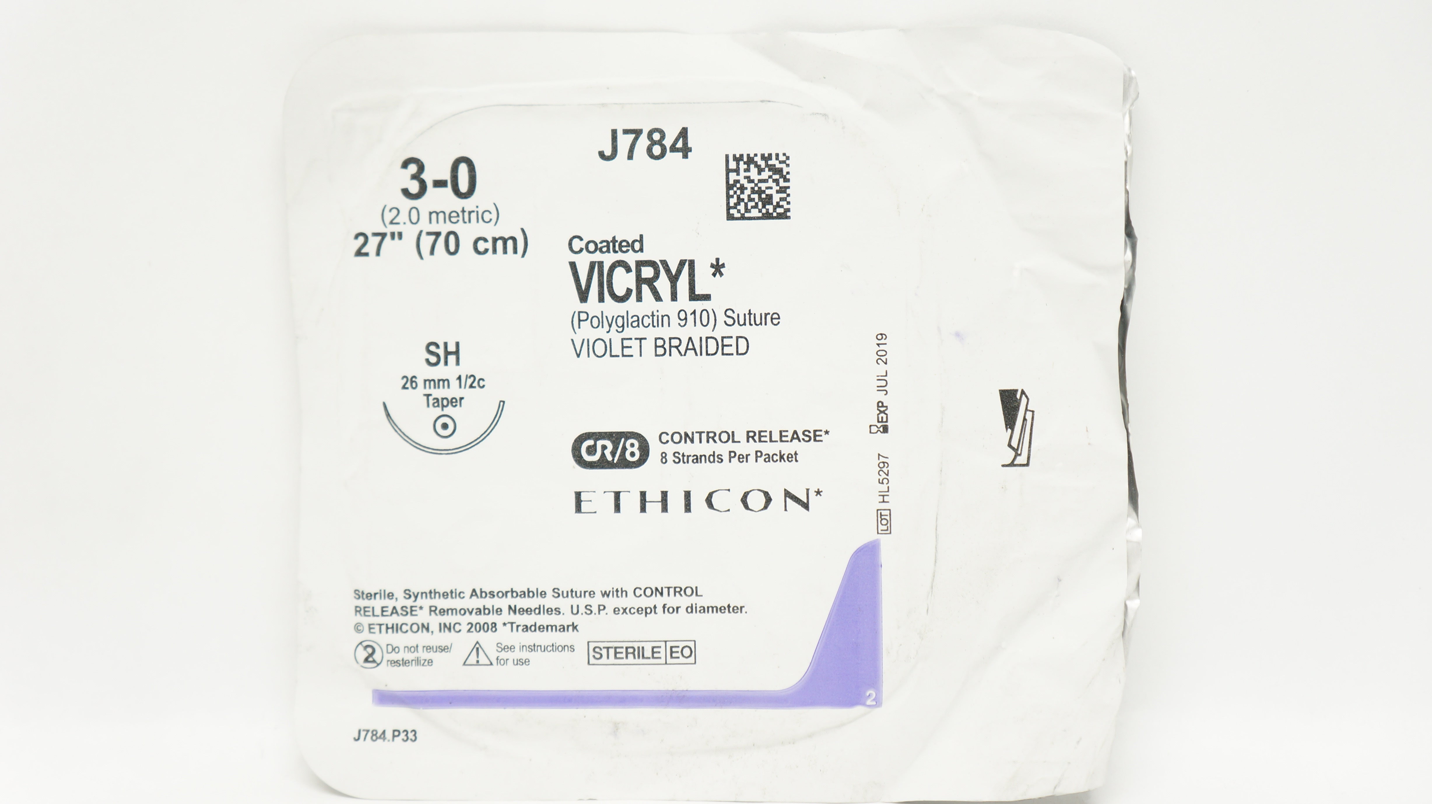 Ethicon J784 3-0 Coated Vicryl Stre SH 26mm 1/2c Taper, 27inch (x)