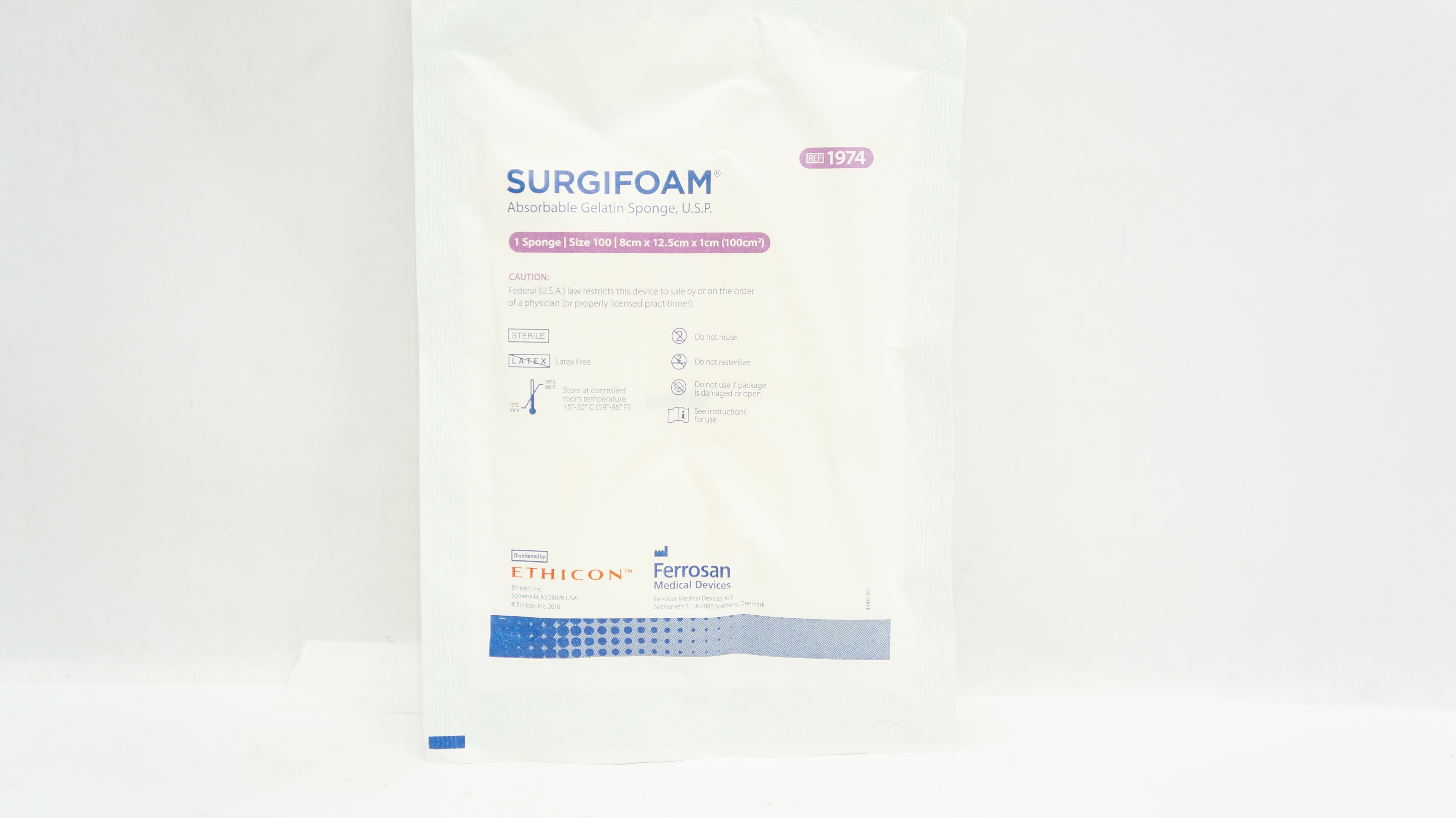 Ethicon 1974 SURGIFOAM Absorbable Gelatin Sponge Size 100, 8cm x 12.5 x 1cm (x)