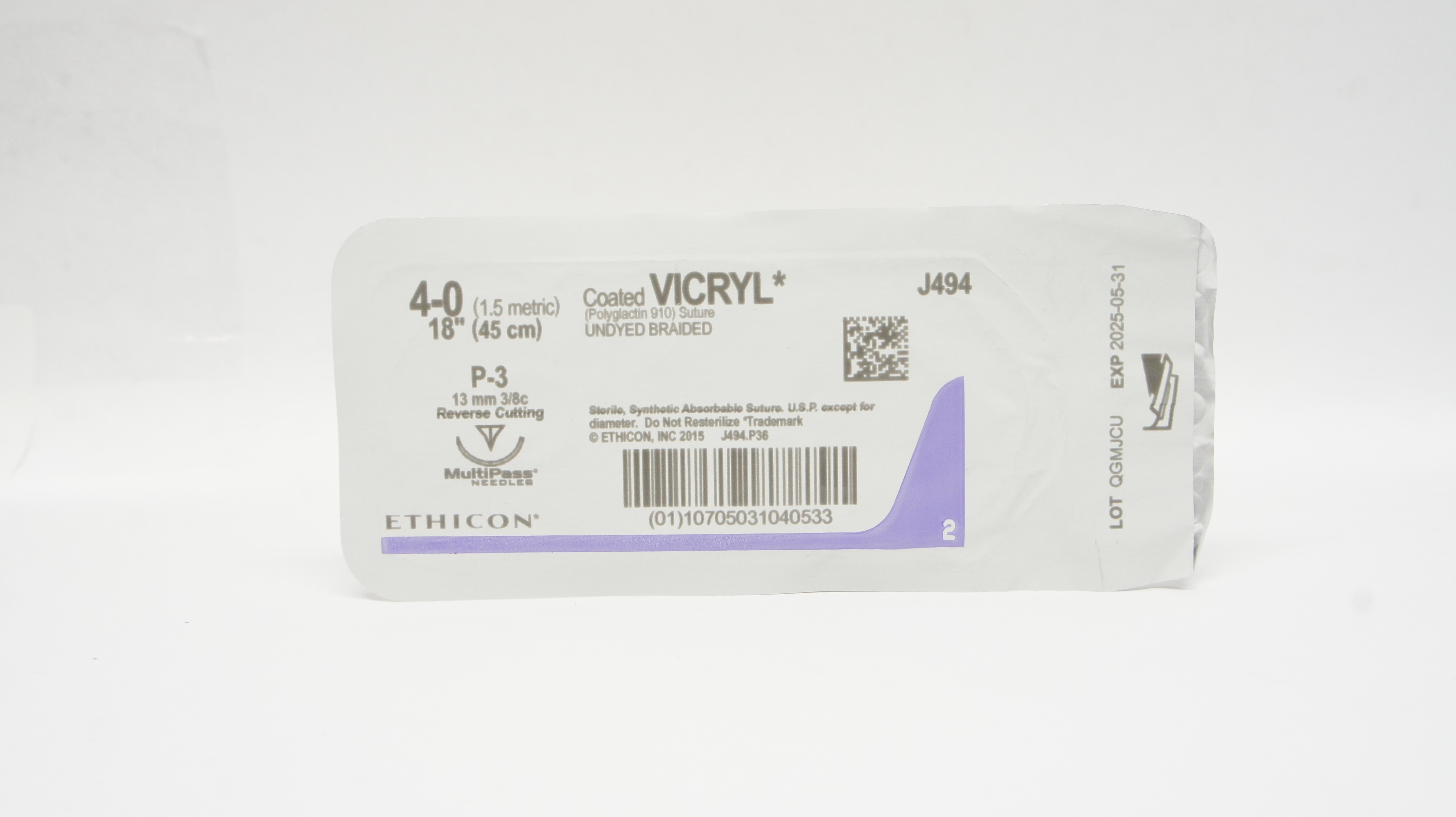 Ethicon J494 4-0 Coated Vicryl Stre P-3 13mm 3/8c Reverse Cutting 18inch