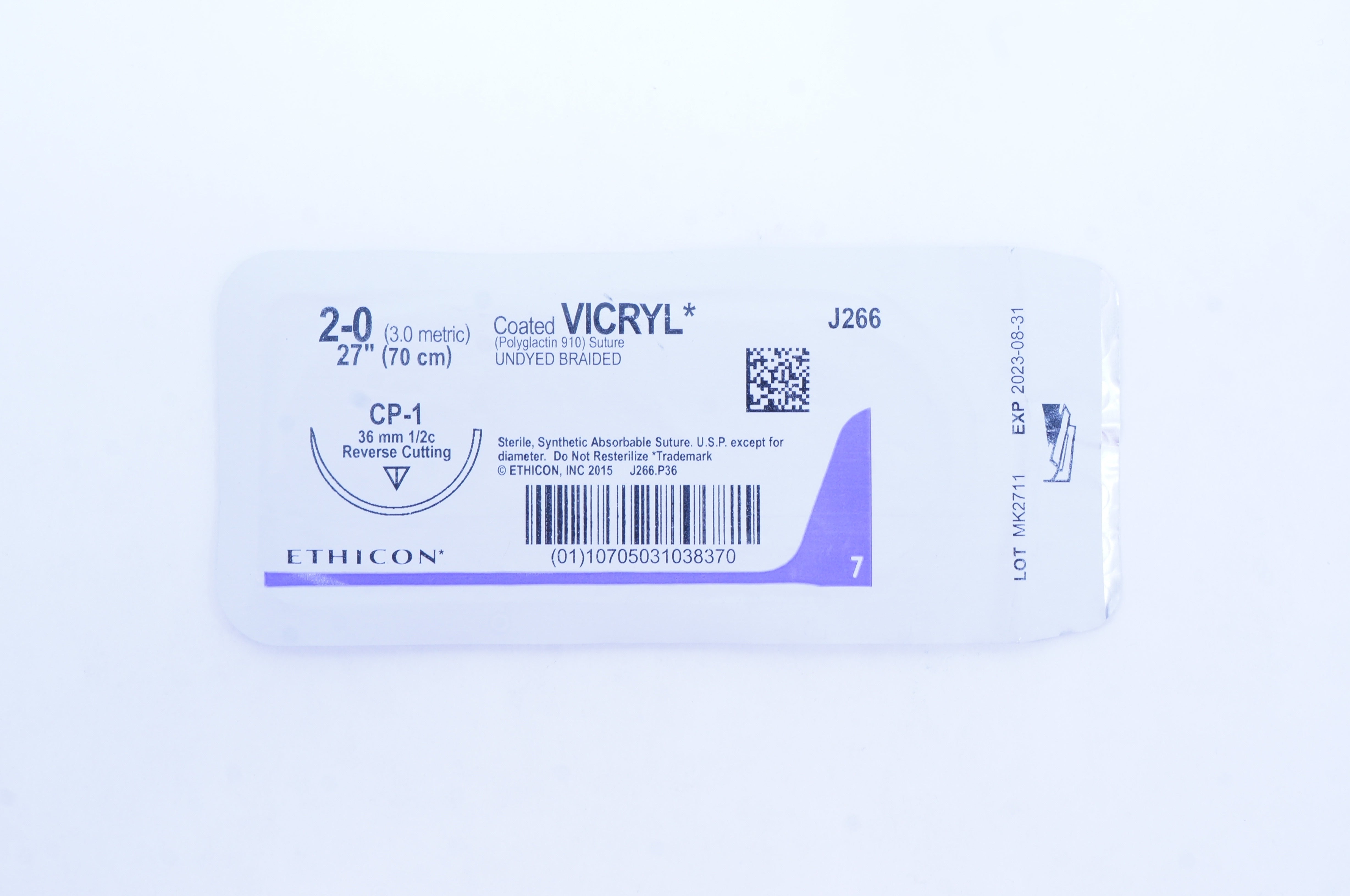 Ethicon J266 2-0 Coated VICRYL Stre CP-1 36mm 1/2c Reverse Cutting, 27 inch
